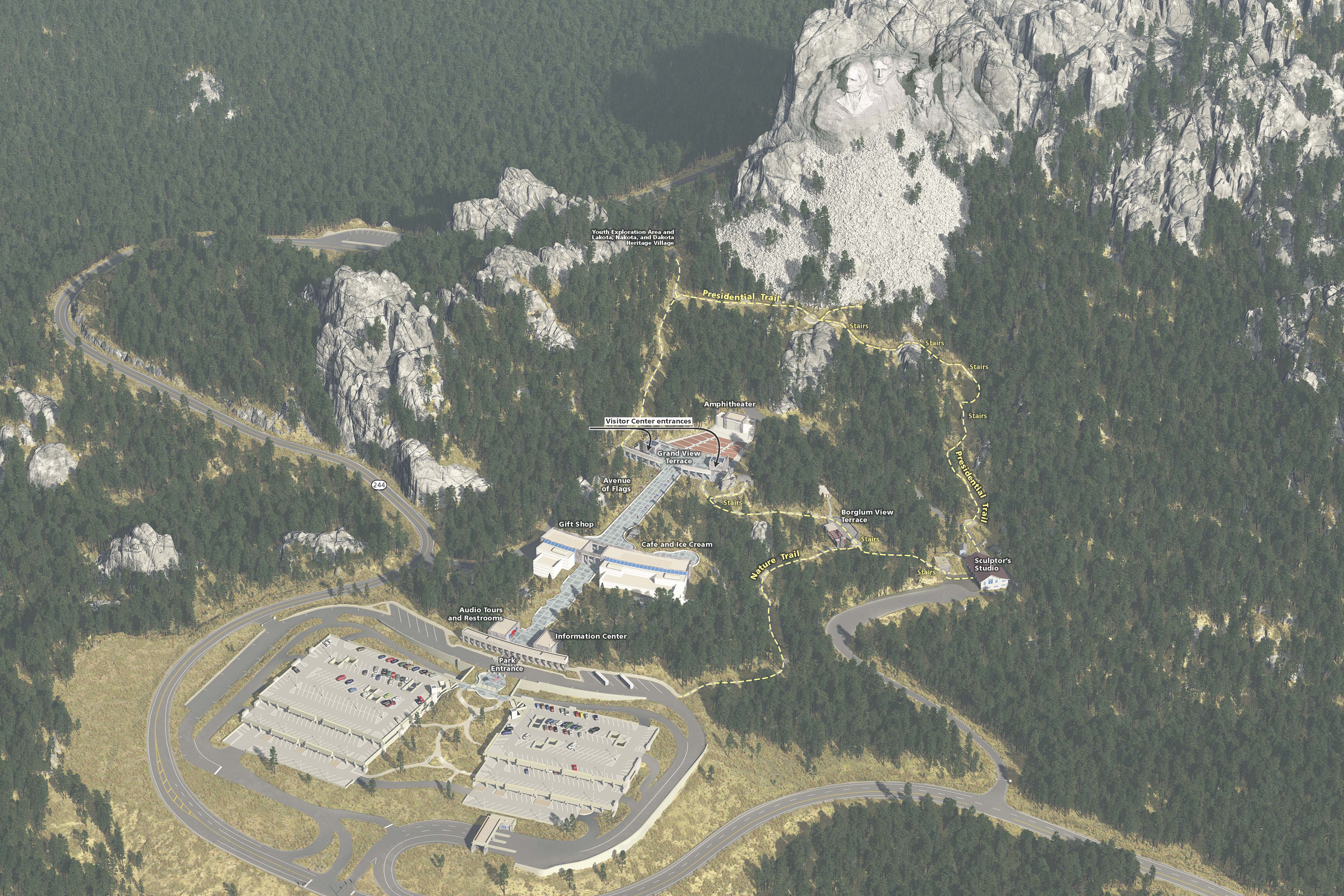 3D oblique map of Mount Rushmore National Memorial in South Dakota. A parking lot and complex of structures are at the base of the mountain, which is carved with four faces. The surrounding terrain is carpeted in evergreens. 