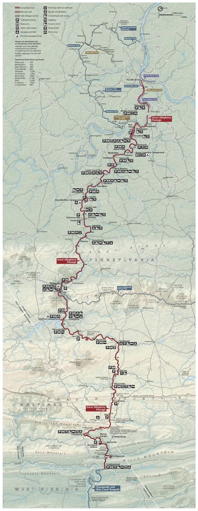Map of the Potomac Heritage National Scenic Trail, which travels through Washington, DC, Maryland, Pennsylvania, and Virginia. The Great Allegheny Passage, represented as a red line, ripples down the length of the map past dozens of amenities, sites, and features.