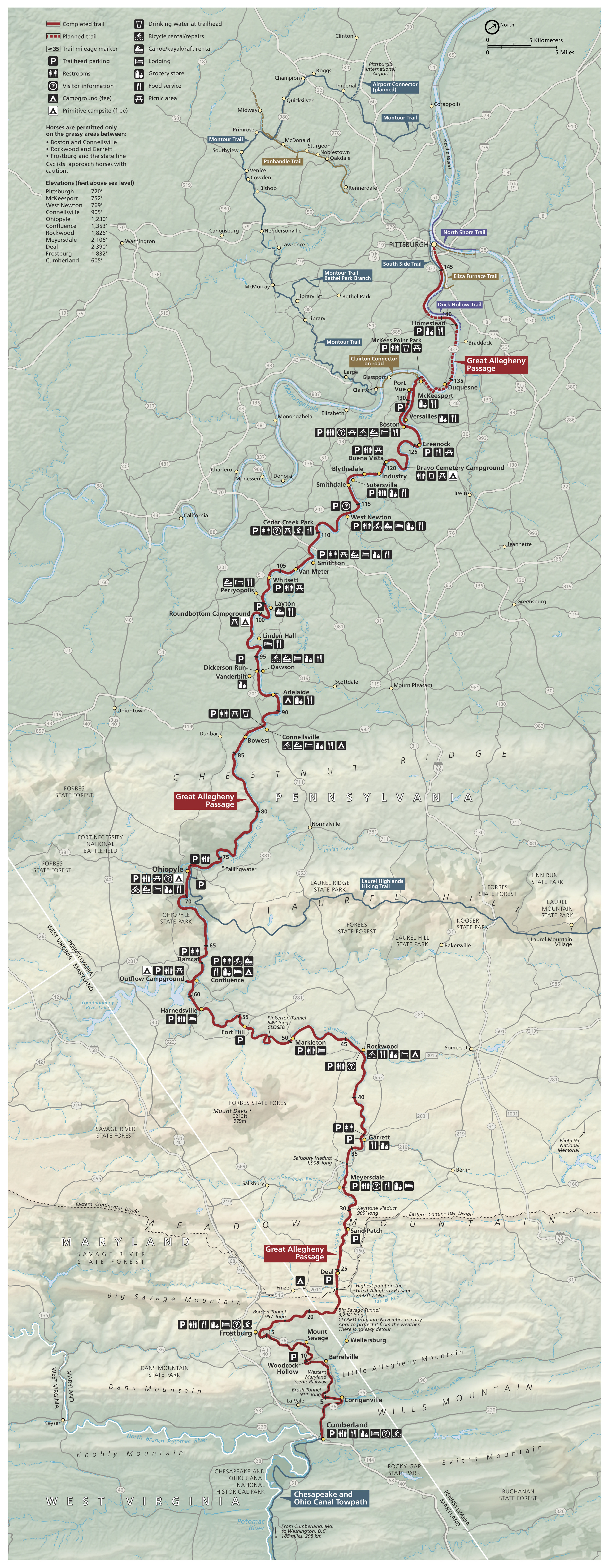 Map of the Potomac Heritage National Scenic Trail, which travels through Washington, DC, Maryland, Pennsylvania, and Virginia. The Great Allegheny Passage, represented as a red line, ripples down the length of the map past dozens of amenities, sites, and features.