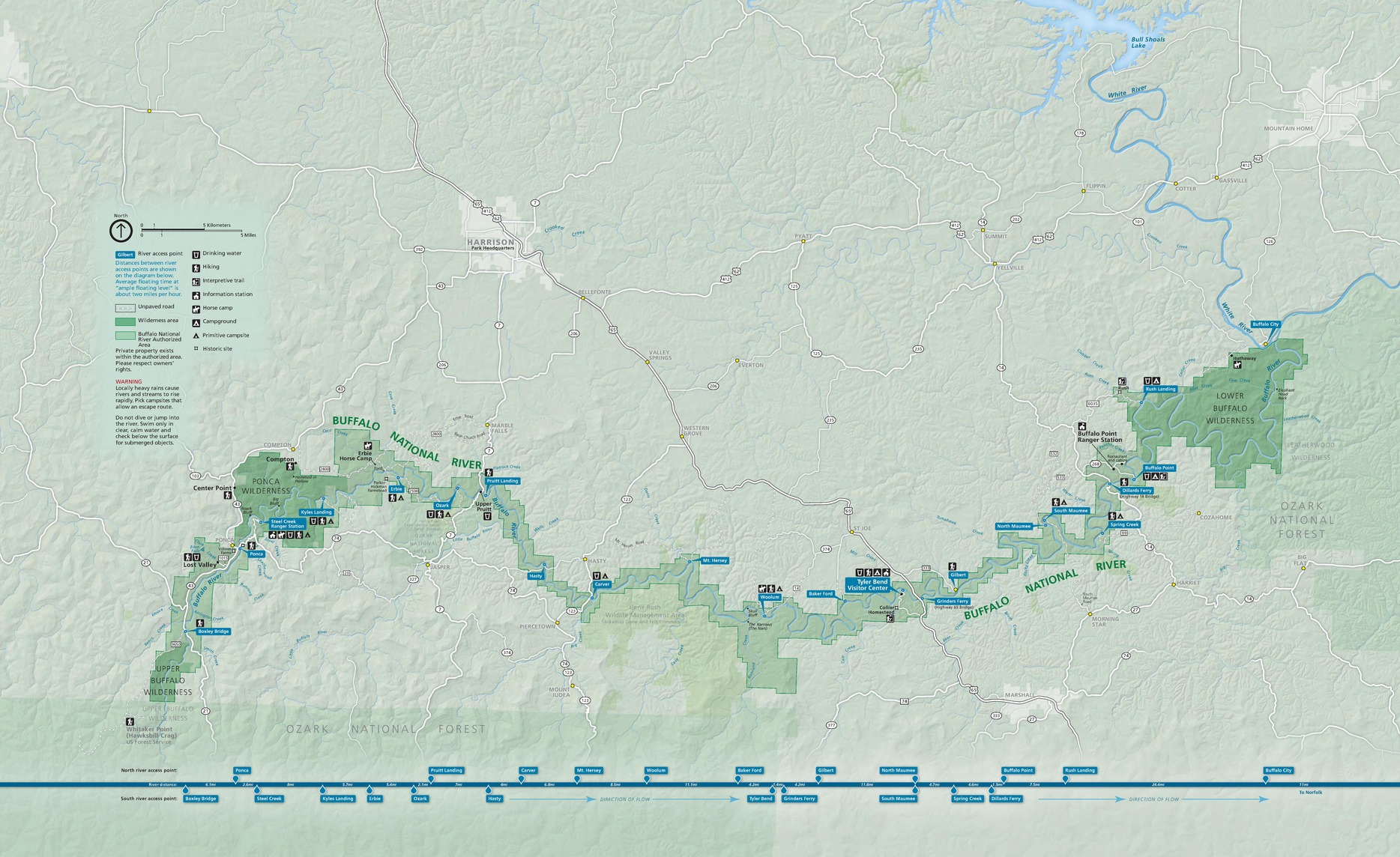 Map of Buffalo National River in Arkansas. The river is represented in blue and the surrounding park areas are shades of green. The river and park curve like a shallow S on its side across the bottom half of the map.