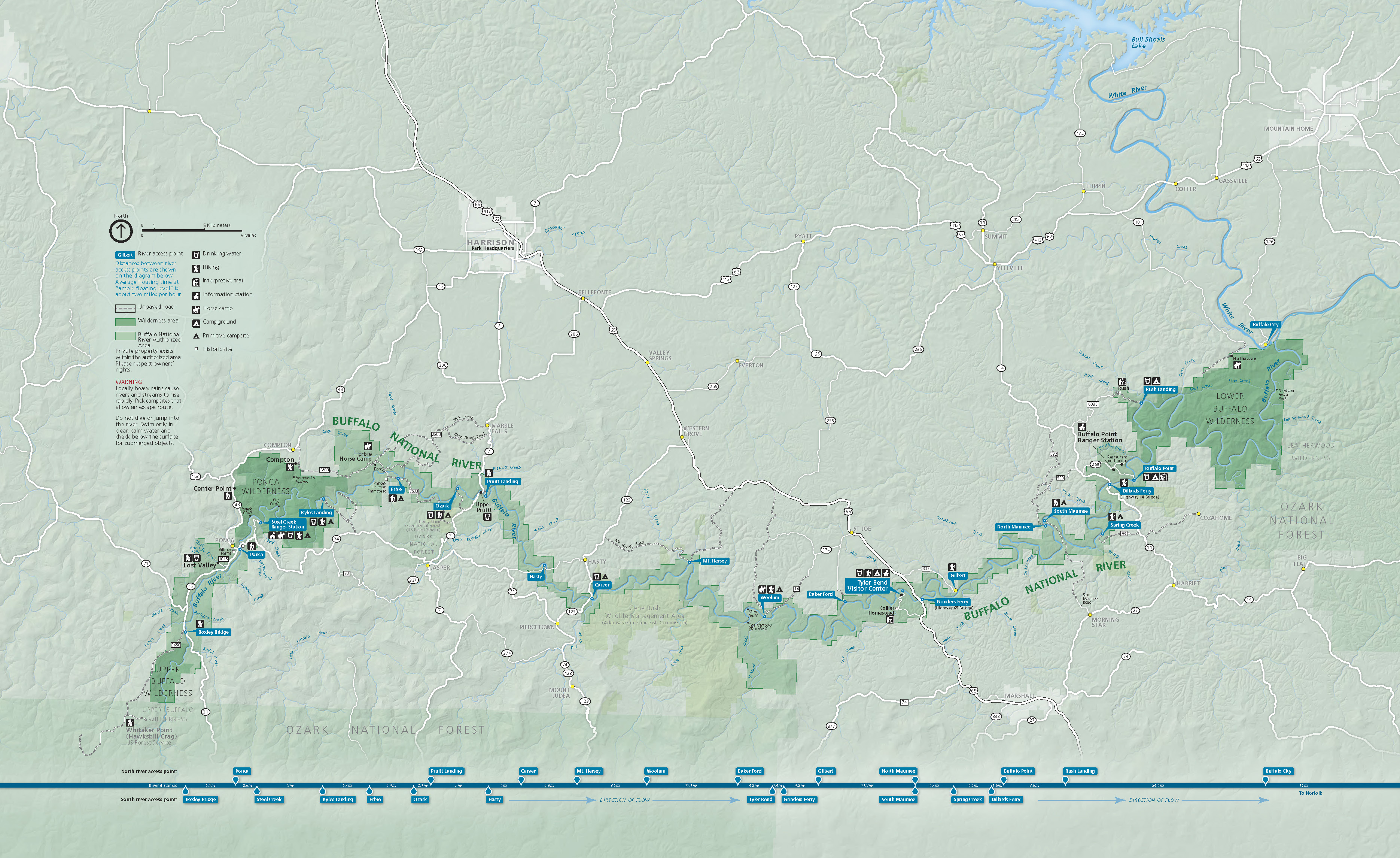 Map of Buffalo National River in Arkansas. The river is represented in blue and the surrounding park areas are shades of green. The river and park curve like a shallow S on its side across the bottom half of the map.