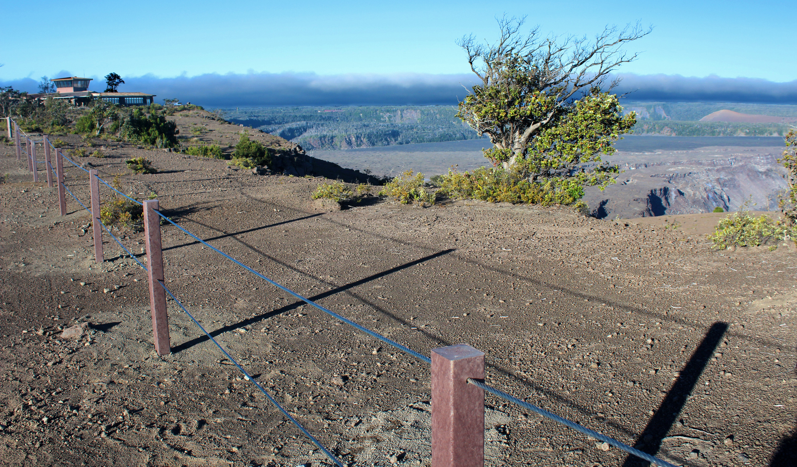 Post and cable barriers block a cliff edge with a building in the background
