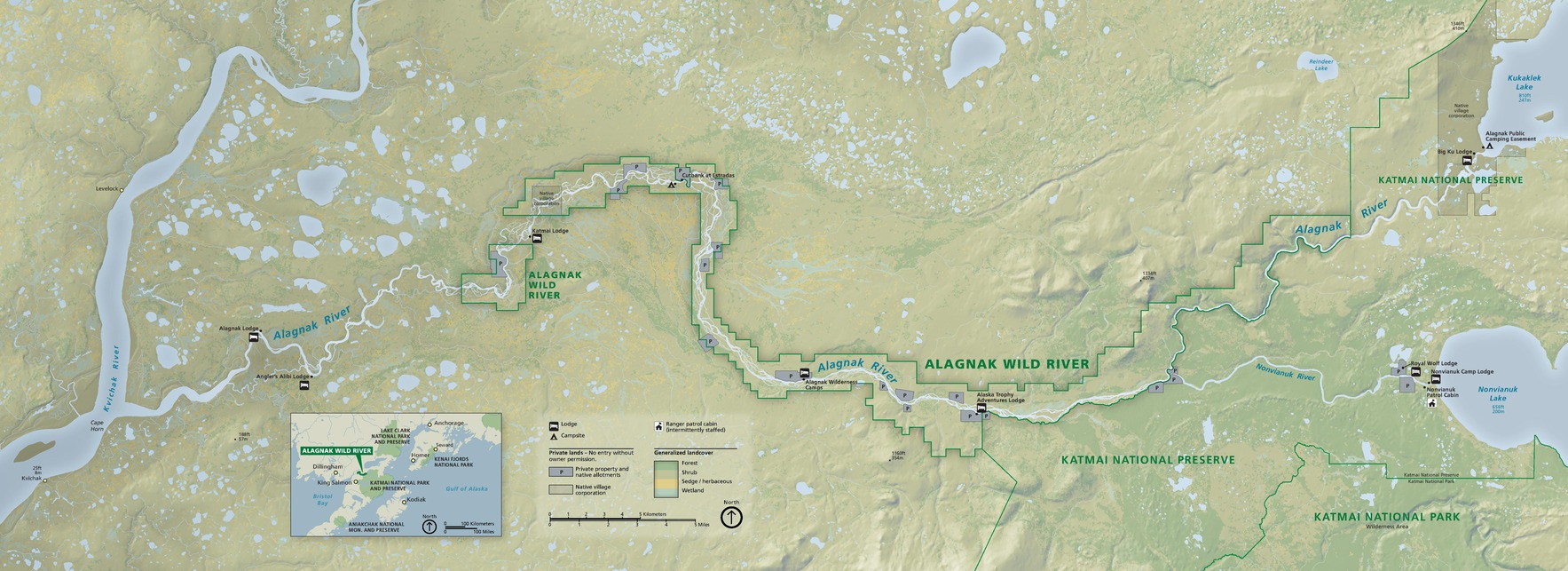 Map of Alagnak Wild River, which stretches westward from Katmai National Park and Preserve in Alaska. The park boundary closely hugs the course of the Alagnak River for three-fourths of its length, which weaves across the center of the map from Kukaklek Lake in the northeast to the Kvichak River in the southwest. Various shades of green and yellow gradate across the landscape to indicate the area’s many biomes.