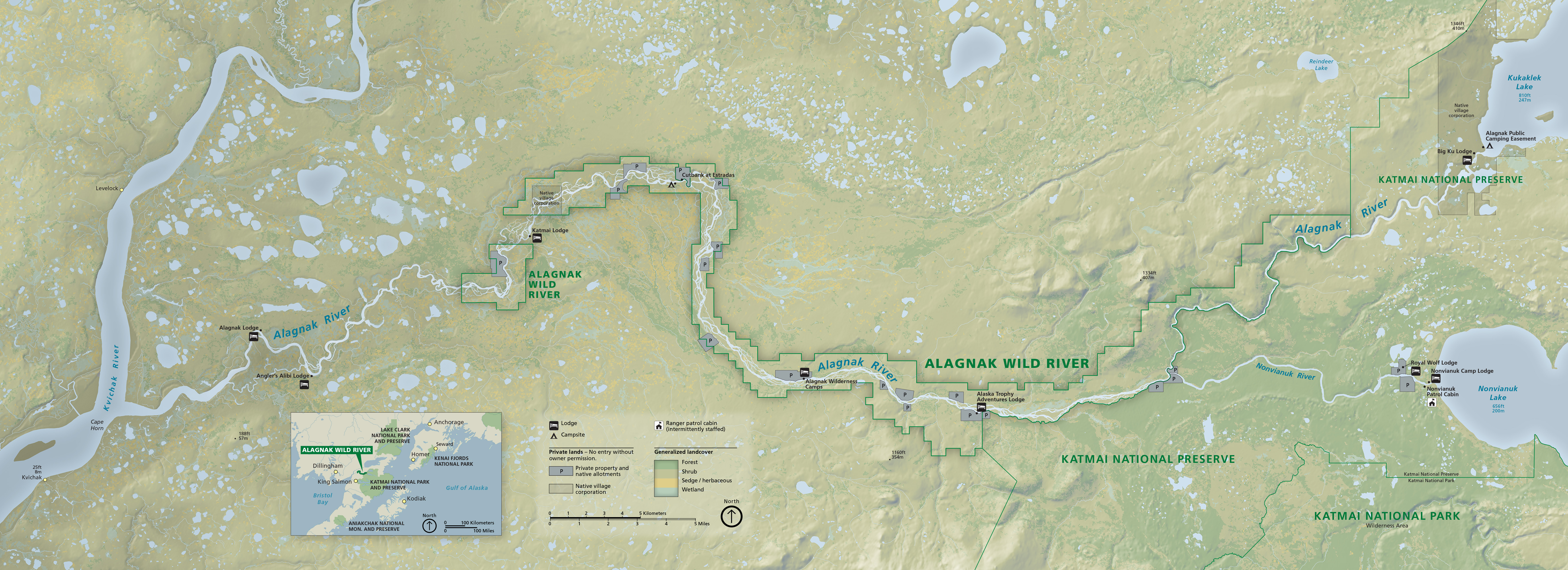 Map of Alagnak Wild River, which stretches westward from Katmai National Park and Preserve in Alaska. The park boundary closely hugs the course of the Alagnak River for three-fourths of its length, which weaves across the center of the map from Kukaklek Lake in the northeast to the Kvichak River in the southwest. Various shades of green and yellow gradate across the landscape to indicate the area’s many biomes.