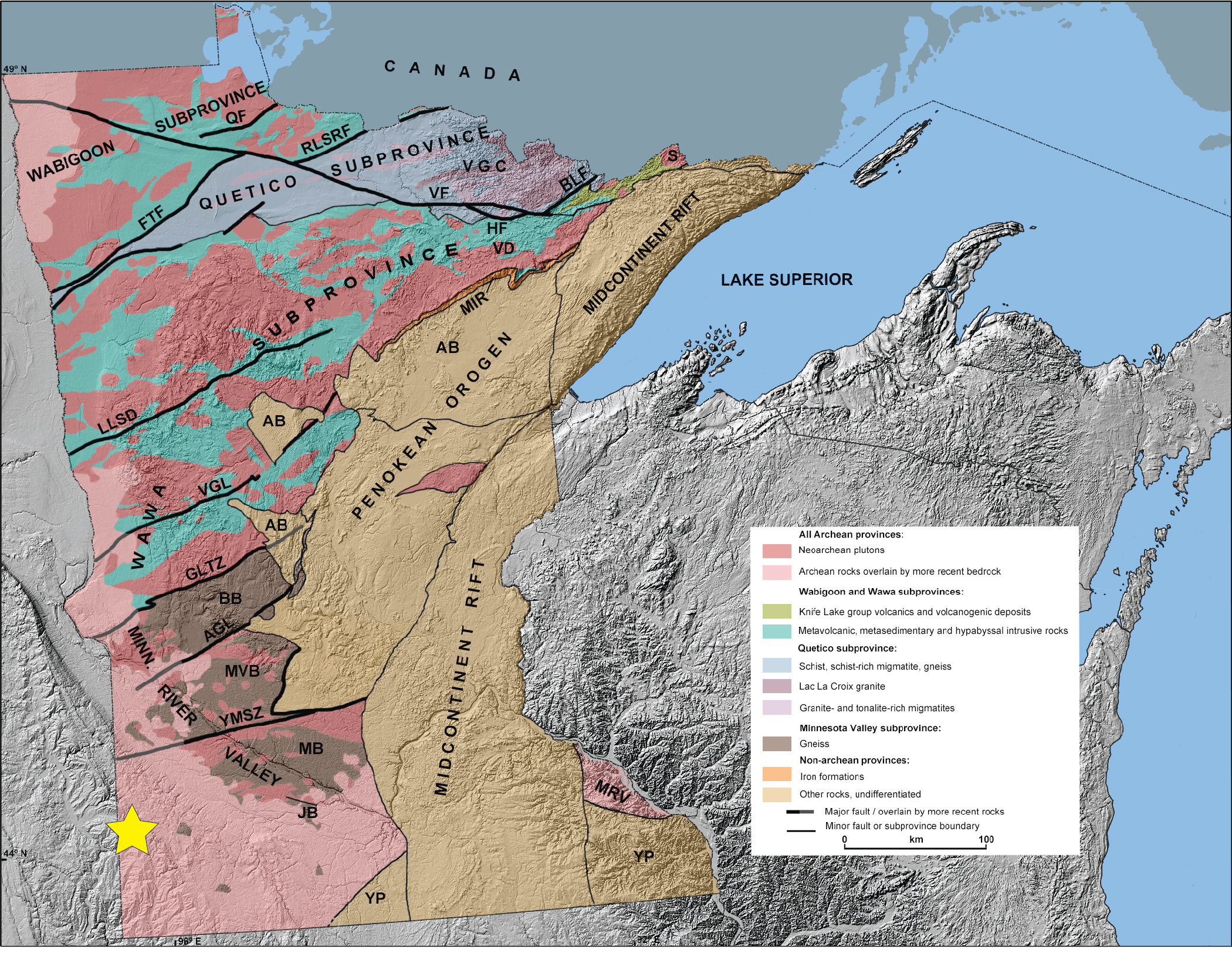 Map of Precambrian land masses that sutured together to from Minnesota. Pipestone National Monument is marked with a gold star and occurs in the Minnesota River Valley Subprovince. 