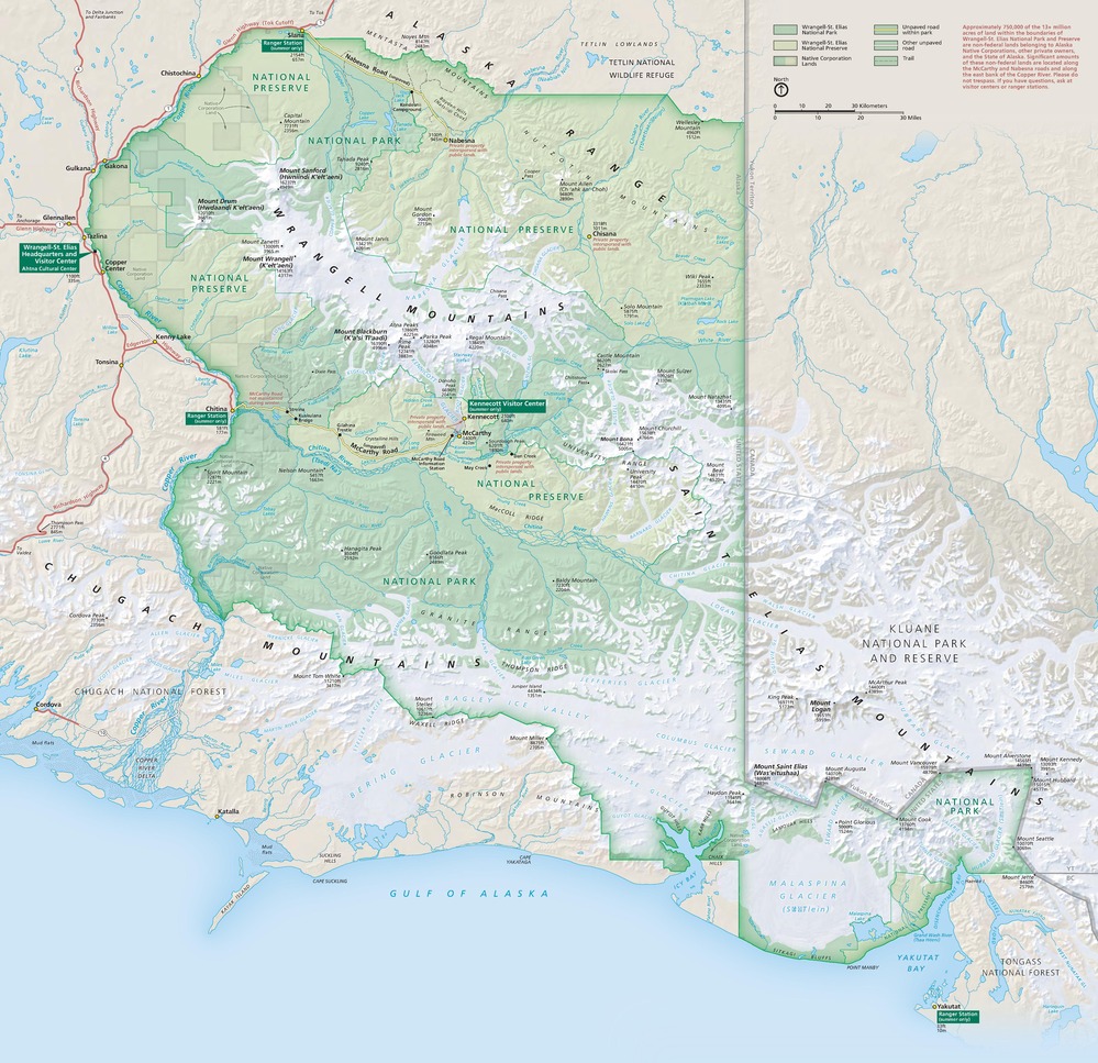 Map of Wrangell-St. Elias National Park and Preserve in Alaska. The southeastern region of the state and neighboring Canada is shown in beige, which frames shades of green that designate the park and preserve, while the Gulf of Alaska rims the southern coast in blue, and the mountains and ice fields are white.