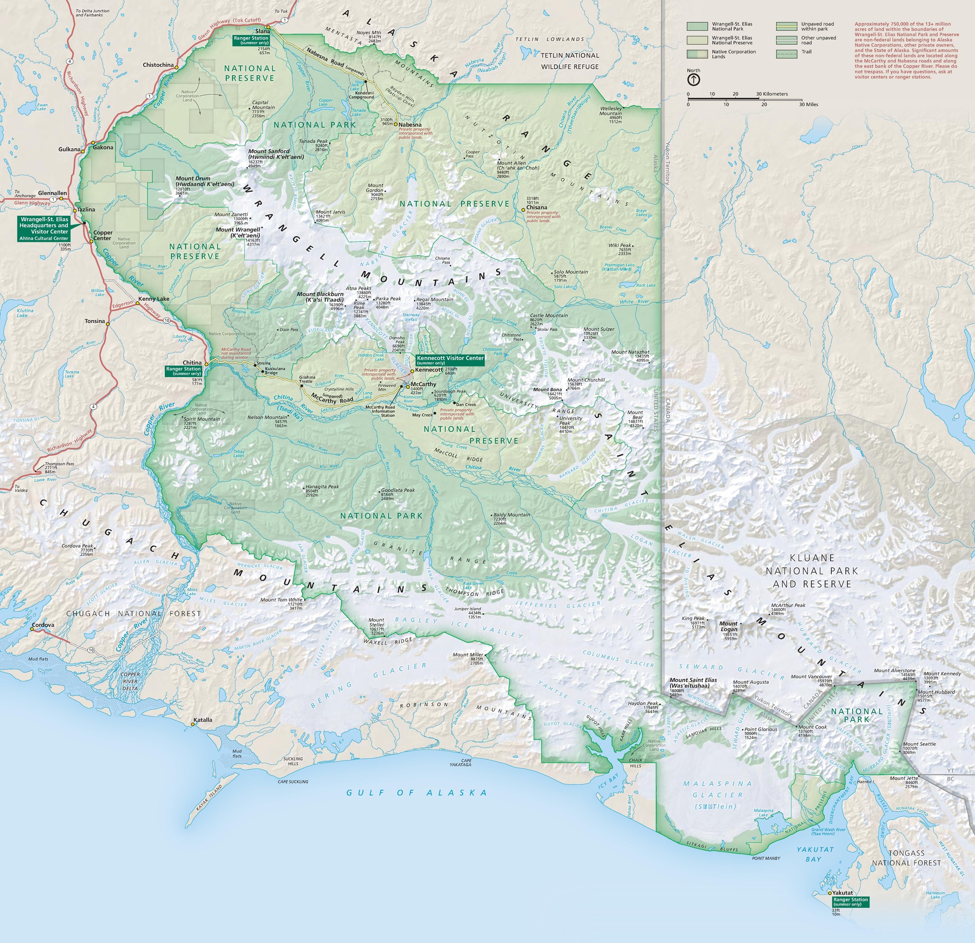 Map of Wrangell-St. Elias National Park and Preserve in Alaska. The southeastern region of the state and neighboring Canada is shown in beige, which frames shades of green that designate the park and preserve, while the Gulf of Alaska rims the southern coast in blue, and the mountains and ice fields are white.