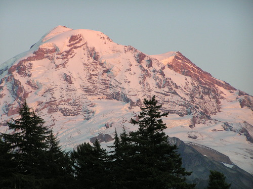 A glaciated mountain peak lit by pink light. 