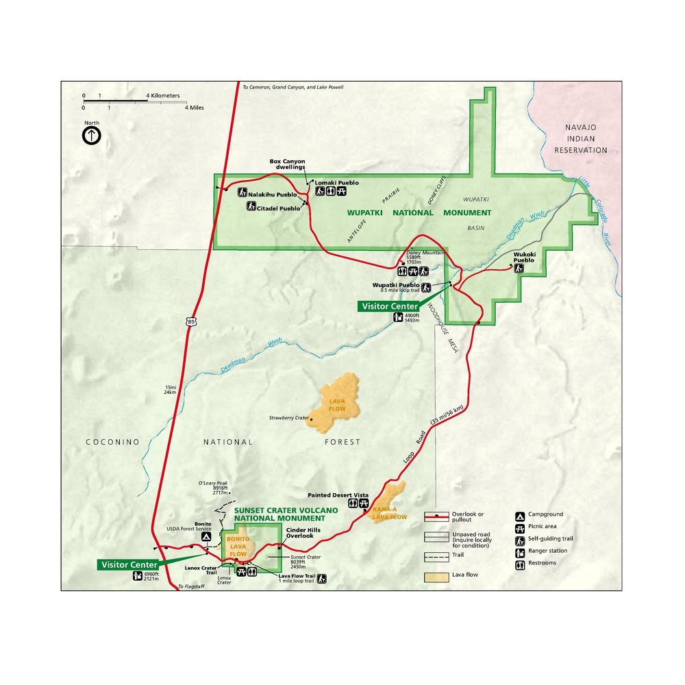 Map of Wupatki National Monument in Arizona, which is outlined in green and shows the area’s topography. The monument is nestled between the Coconino National Forest to the southwest and the Navajo Indian Reservation to the northeast.