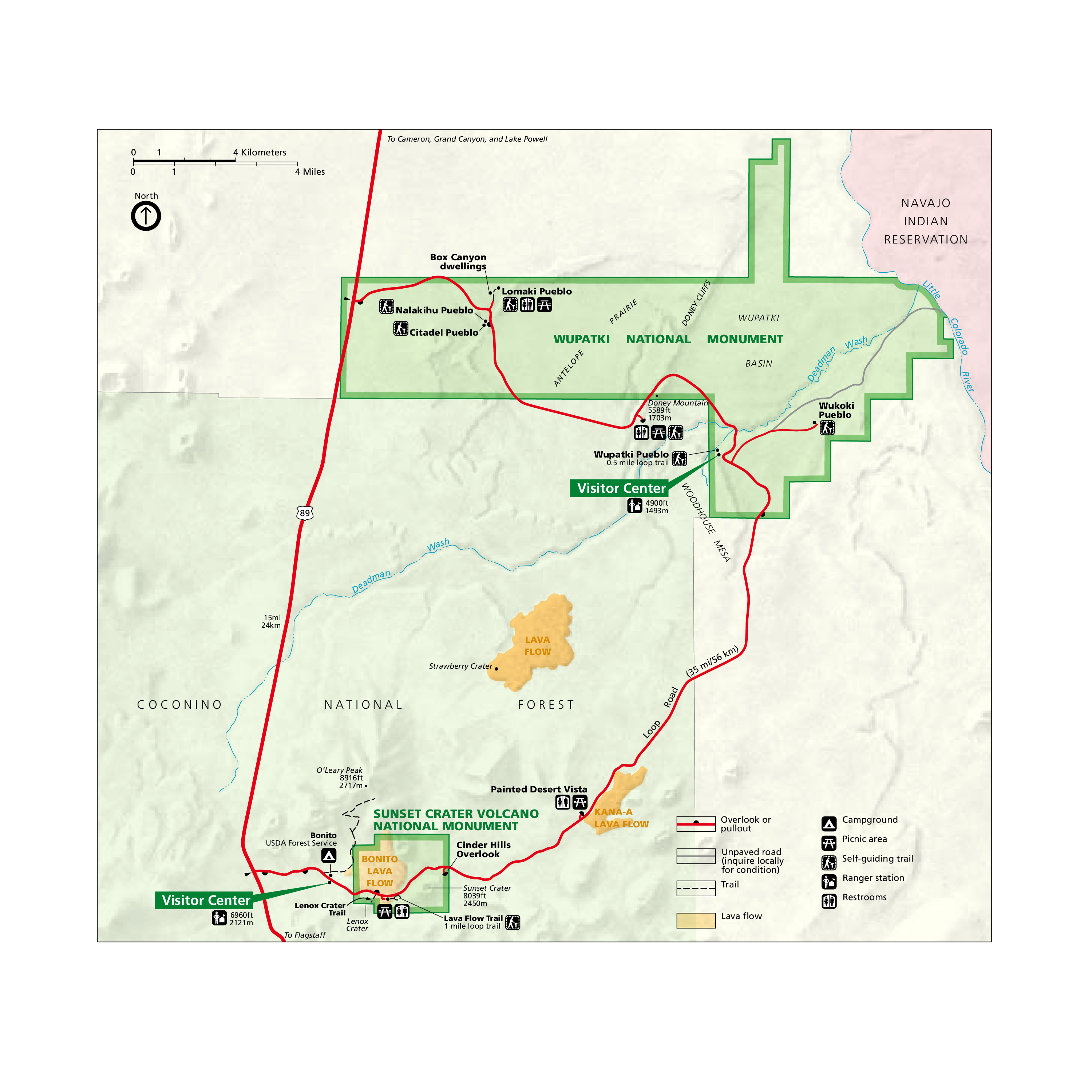 Map of Wupatki National Monument in Arizona, which is outlined in green and shows the area’s topography. The monument is nestled between the Coconino National Forest to the southwest and the Navajo Indian Reservation to the northeast.