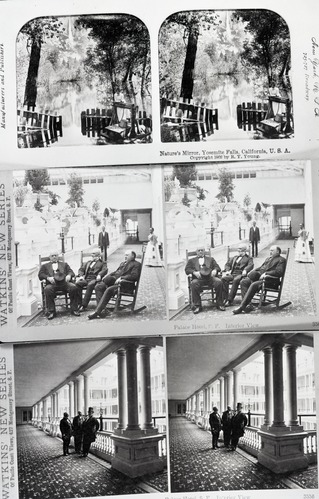 Copy negative of three sterographic views - one by American Steroscopic Co. and two by Watkins. Copied at California State Library by Ralph H. Anderson, December 1950. Yosemite Falls (other two of Palace Hotel, San Francisco, Calif.)