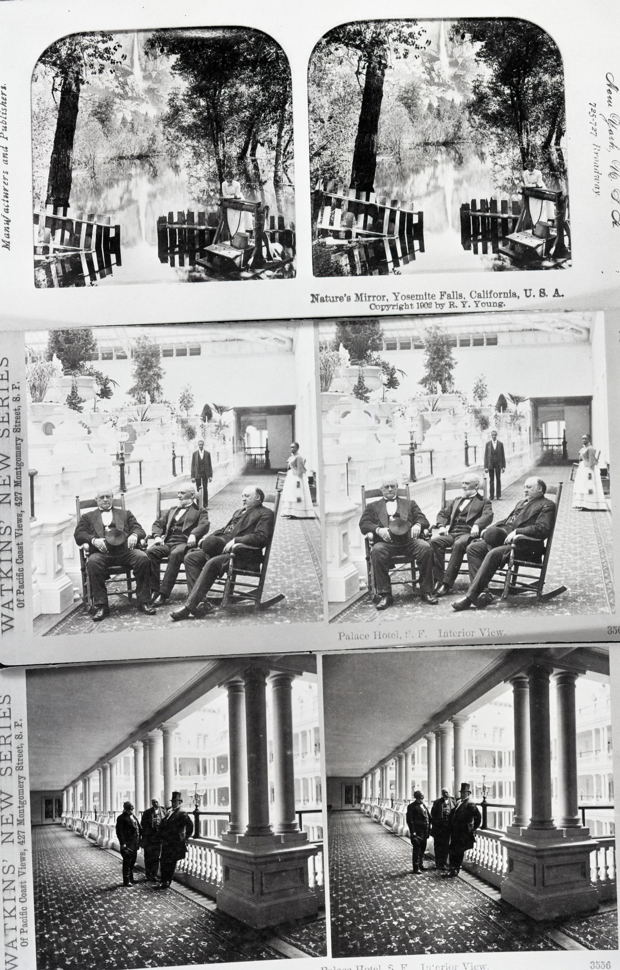 Copy negative of three sterographic views - one by American Steroscopic Co. and two by Watkins. Copied at California State Library by Ralph H. Anderson, December 1950. Yosemite Falls (other two of Palace Hotel, San Francisco, Calif.)