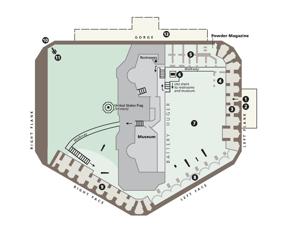 Floor plan of Fort Sumter at Fort Sumter and Fort Moultrie National Historical Park in South Carolina. The footprint is shaped like a baseball home plate with rounded edges and a shallow point facing down. Twelve areas are labeled with white numbers in black circles.