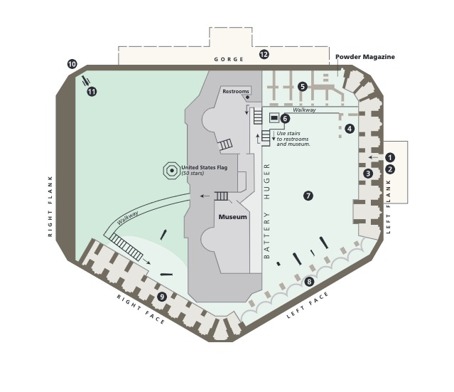 Floor plan of Fort Sumter at Fort Sumter and Fort Moultrie National Historical Park in South Carolina. The footprint is shaped like a baseball home plate with rounded edges and a shallow point facing down. Twelve areas are labeled with white numbers in black circles.
