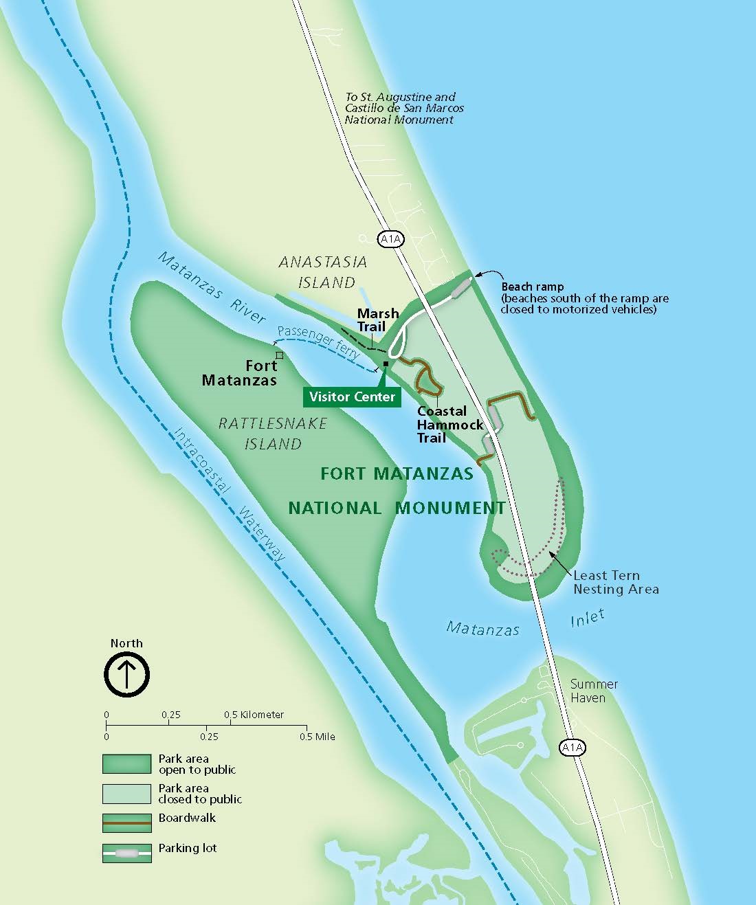 Map of Fort Matanzas National Monument and the surrounding areas on the east coast of Florida. The coastlines are all shaded with vibrant green. The interiors are either light green, darker grass green, or a flat, sage green. The waterways are represented with blue.
