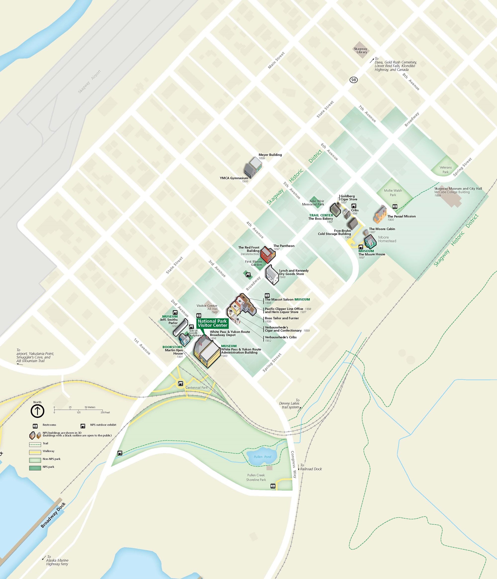 Map of the Skagway Historic District within Klondike Gold Rush National Historical Park in Alaska. White lines form a street grid stretching diagonally from the center of the map to the northeast corner. An area of about two by five city blocks is outlined in pale green to indicate the historic district.