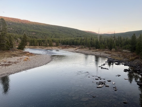 Snake River at Flagg Ranch, WY looking upstream, October 8, 2024.