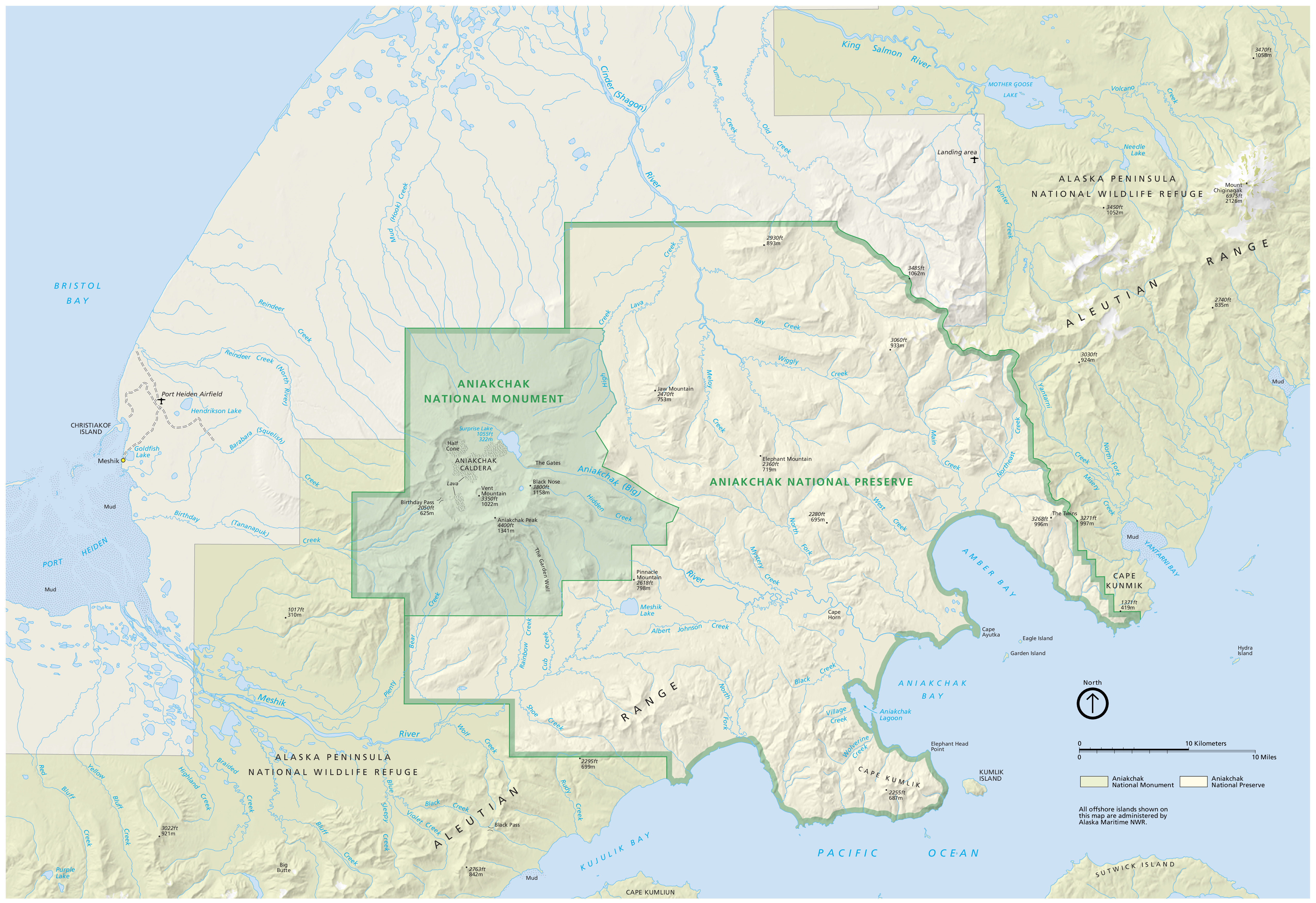 Map of Aniakchak National Monument and Preserve in Alaska. Framed by the powder blue waters of Bristol Bay to the northwest and the Pacific Ocean to the southeast, a segment of the Alaska Peninsula spans the map from the southwest to the northeast corners.