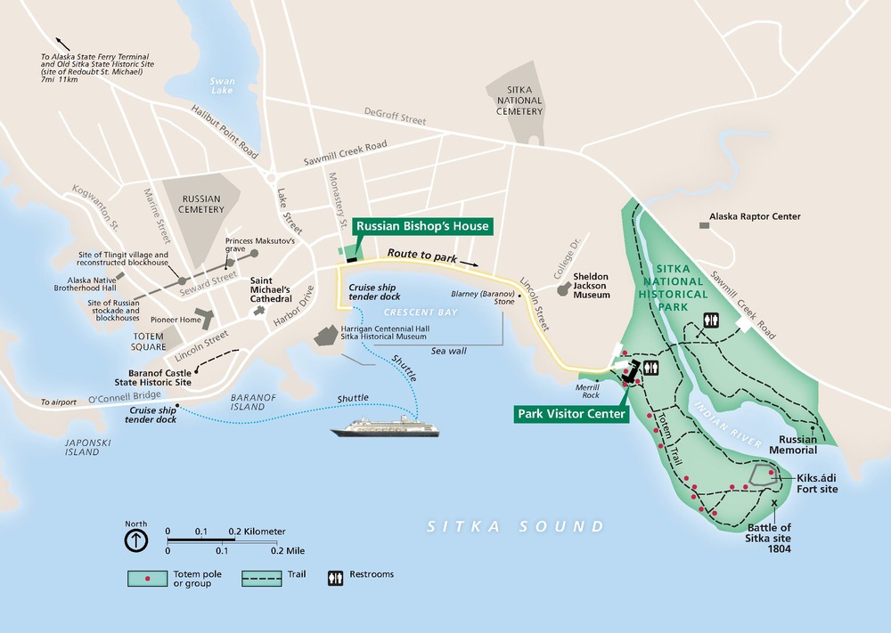 Map of Sitka National Historical Park in Alaska. Shown in green, the park occupies a roughly oval-shaped area comprising a peninsula and a strip of mainland along the southeast shore of Baranof Island, which is beige across the northern half of the map.