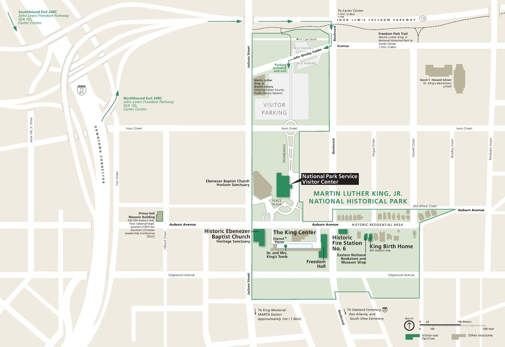Map of Martin Luther King, Jr. National Historical Park in Atlanta, Georgia. Park property is indicated in green, occupying several blocks east of Jackson Street and south of State Route 10, which is also labeled the John Lewis Freedom Parkway.