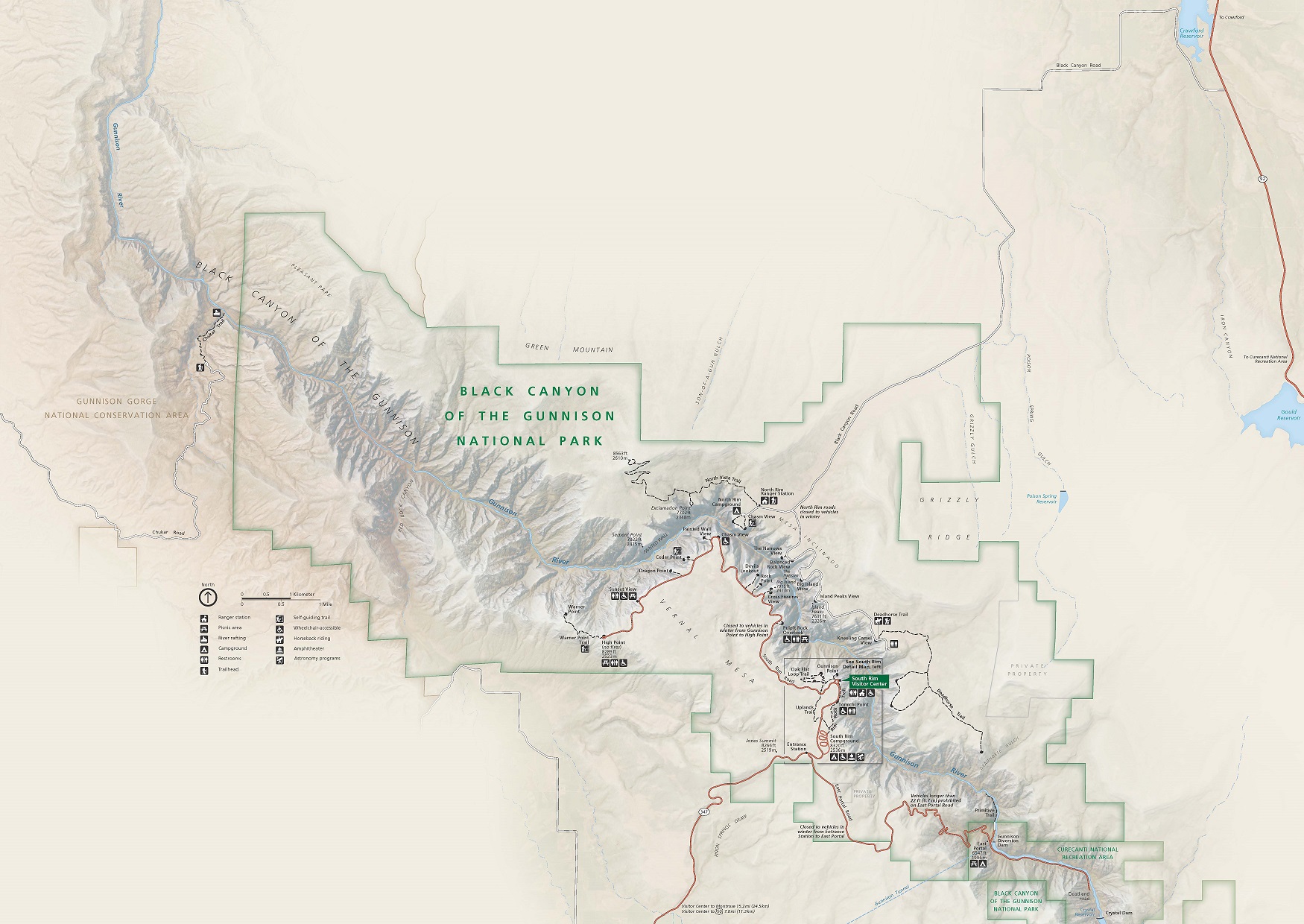 Map of Black Canyon of Gunnison National Park in Colorado. Park areas are outlined in green and surround a curved stretch of the Gunnison River. The beige land is shaded to show terrain, and bodies of water are blue.