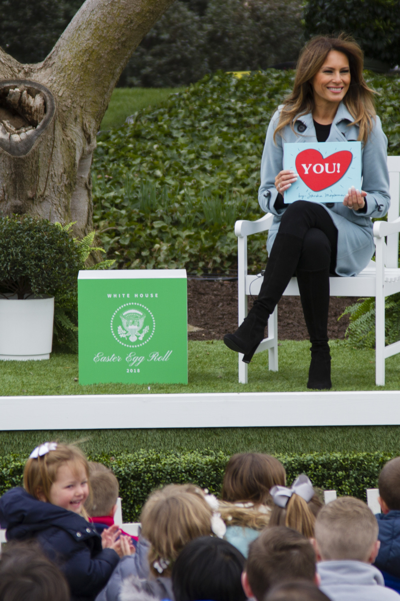 First Lady Melania Trump reads "You!" to children in the book nook. 