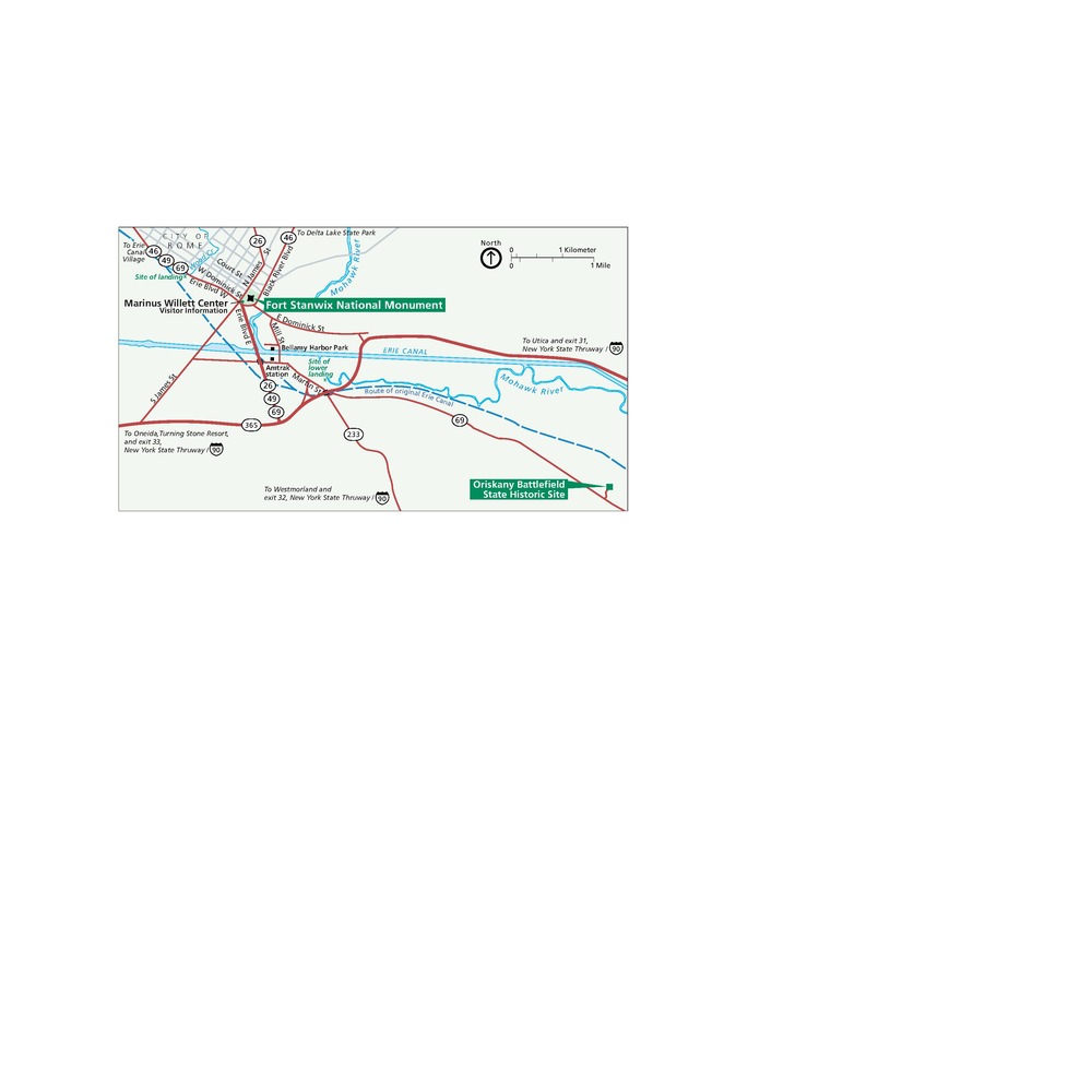 Map of Fort Stanwix National Monument and Oriskany Battlefield State Historic Site, on either side of the Erie Canal in New York. The monument sits above the canal and the Mohawk River, which are both shown in blue; the battlefield sits below the canal in the map’s lower right corner. Red lines show the roads and highways surrounding these sites.