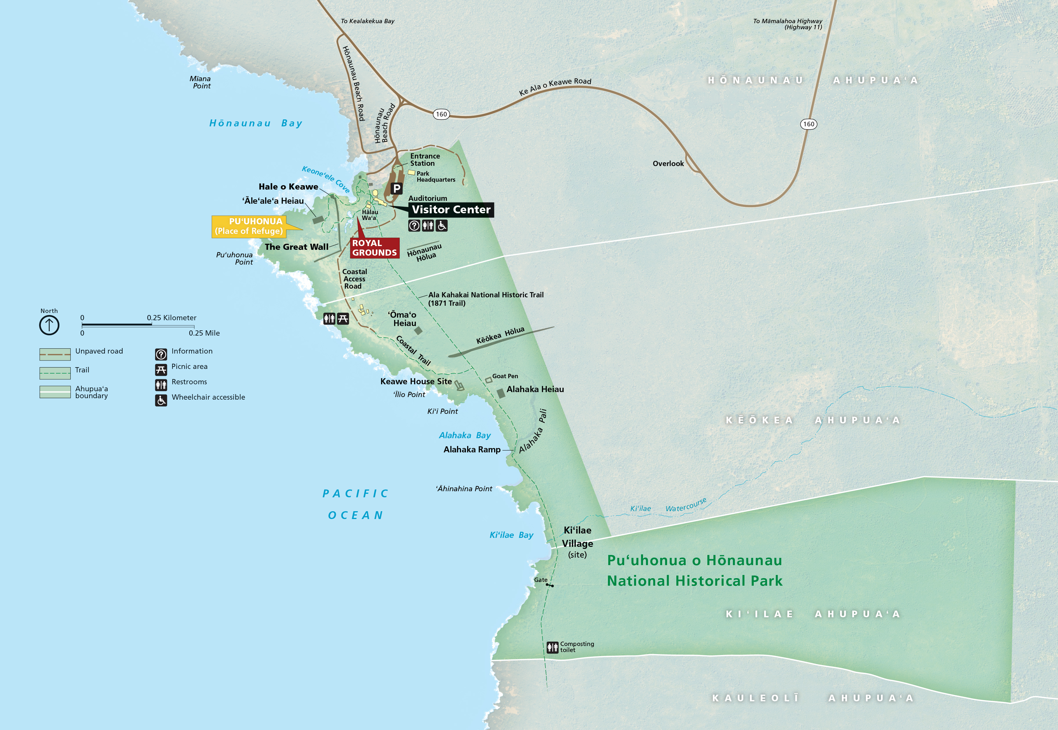 Map of Puʻuhonua o Hōnaunau National Historical Park on the Island of Hawaiʻi in Hawaii. The park areas are edged in green around blue interiors. Surrounding areas are frost green and water is shown in blue.