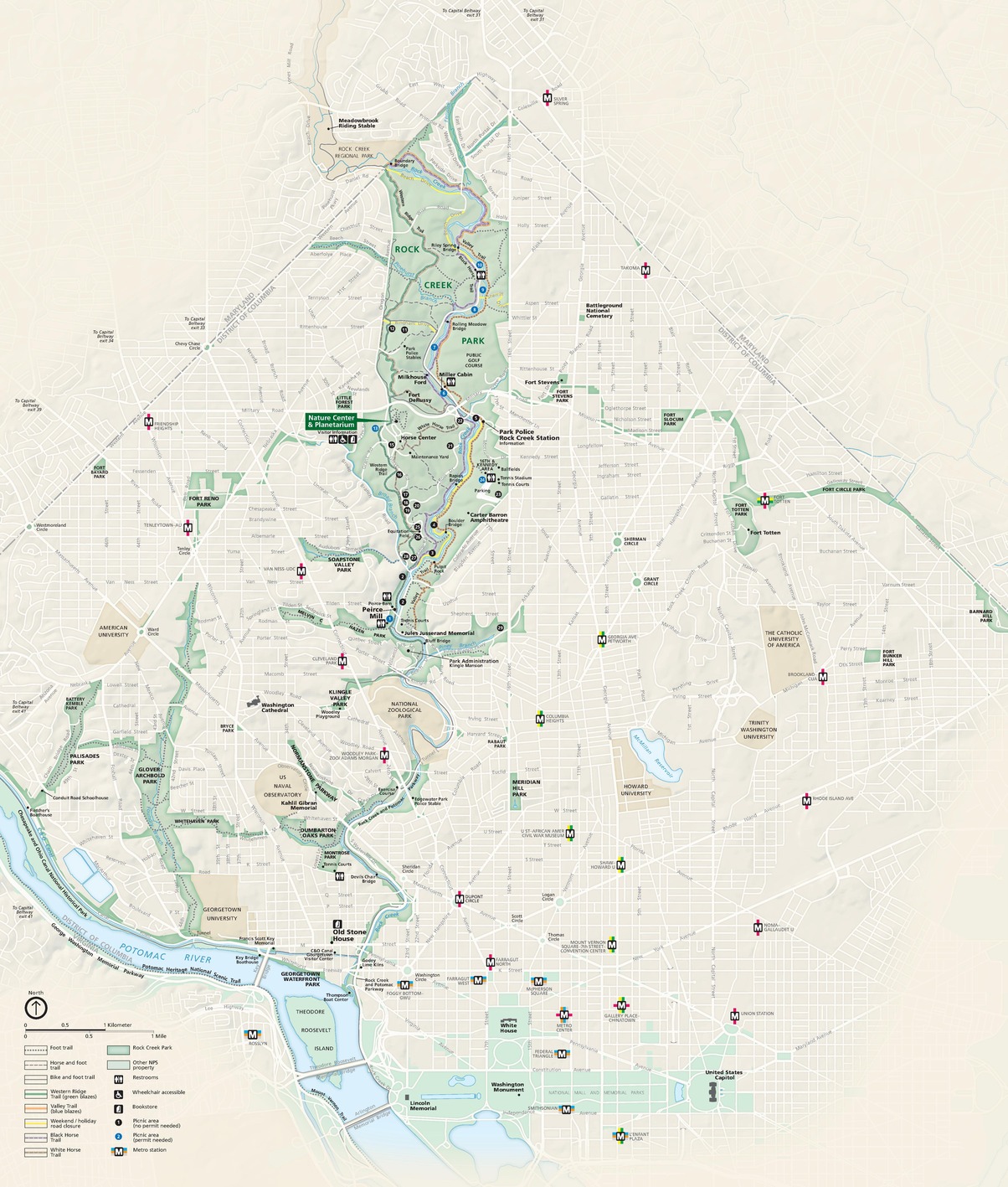 Map of Rock Creek Park and surrounding roads, sites, Metro stations, and parks in Washington, DC. Bodies of water are shown in blue, parks in green, streets with white lines, and the rest of the map is beige shaded lightly with gray to represent the topography.