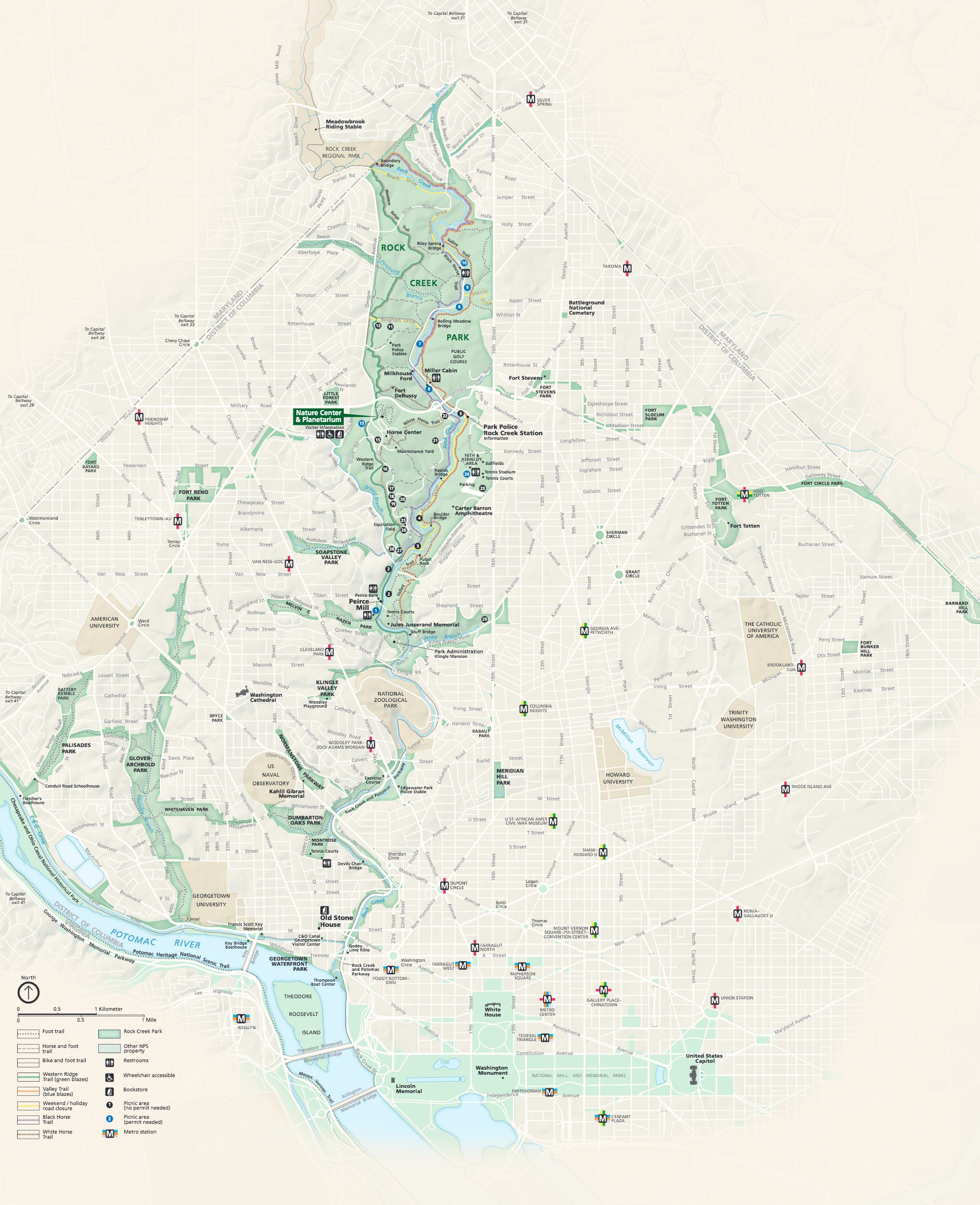 Map of Rock Creek Park and surrounding roads, sites, Metro stations, and parks in Washington, DC. Bodies of water are shown in blue, parks in green, streets with white lines, and the rest of the map is beige shaded lightly with gray to represent the topography.
