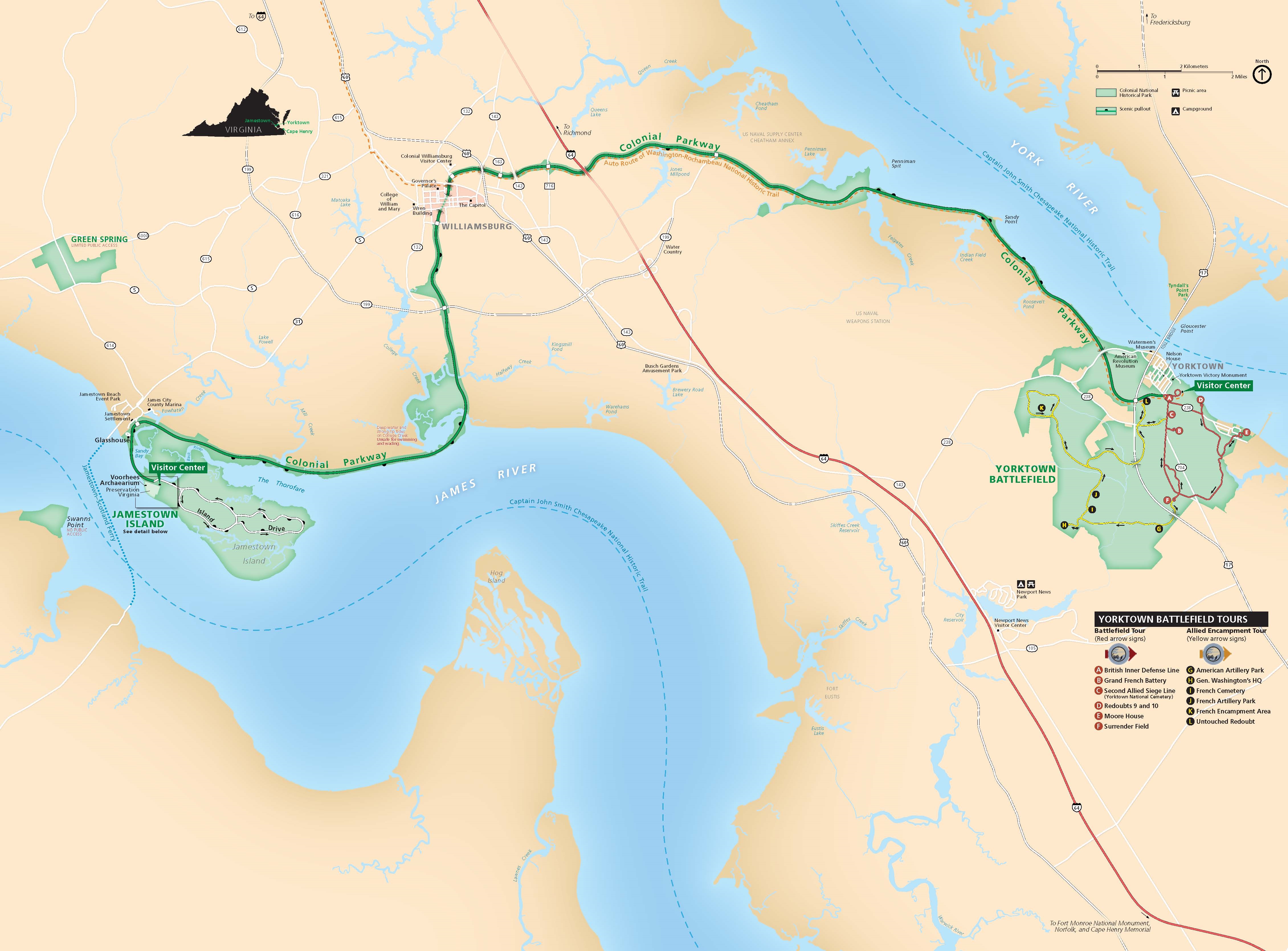 Map of Colonial National Historical Park in Virginia. Colonial Parkway is outlined in green and connects Jamestown Island, Williamsburg, and Yorktown Battlefield. Jamestown Island and Yorktown Battlefield are shown in green and surrounding terrain in tan. The York and James rivers are blue.