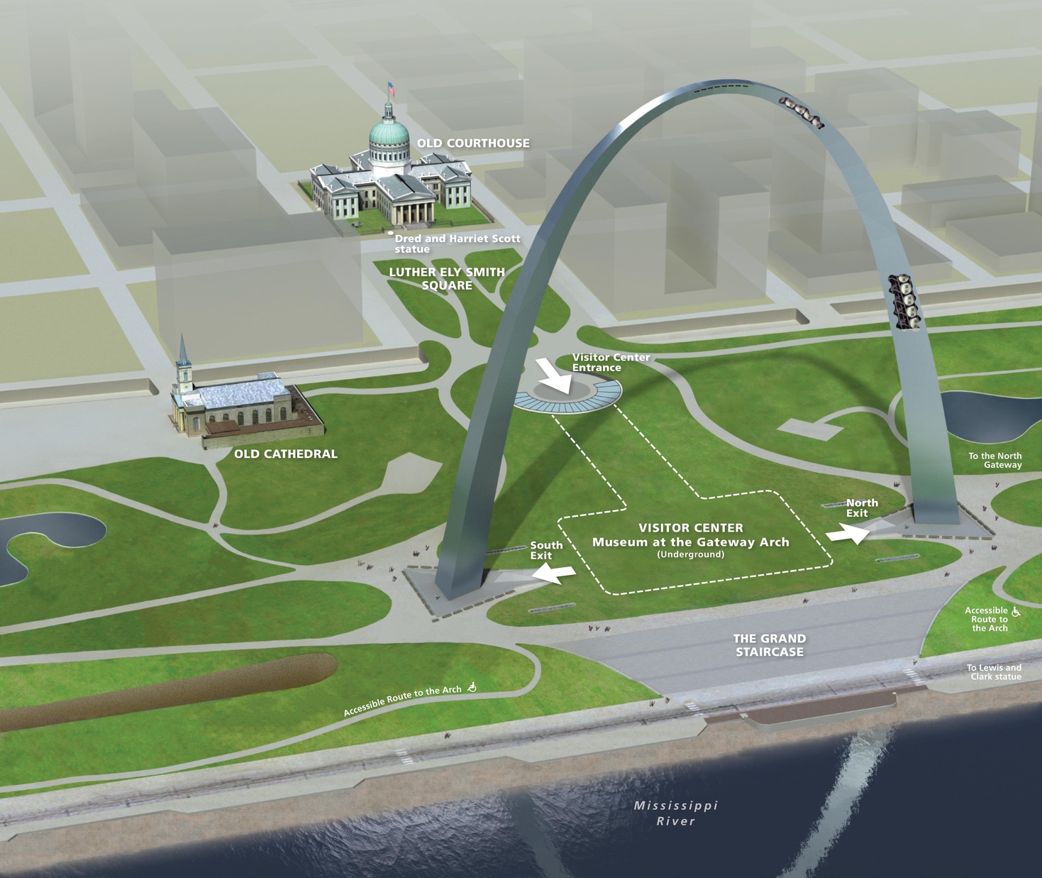Perspective 3D rendering of Gateway Arch National Park in Missouri. A soaring silver arch spans a visitor center and opens onto Luther Fly Smith Square and Old Courthouse. The deep blue Mississippi River runs across the bottom edge of the map.