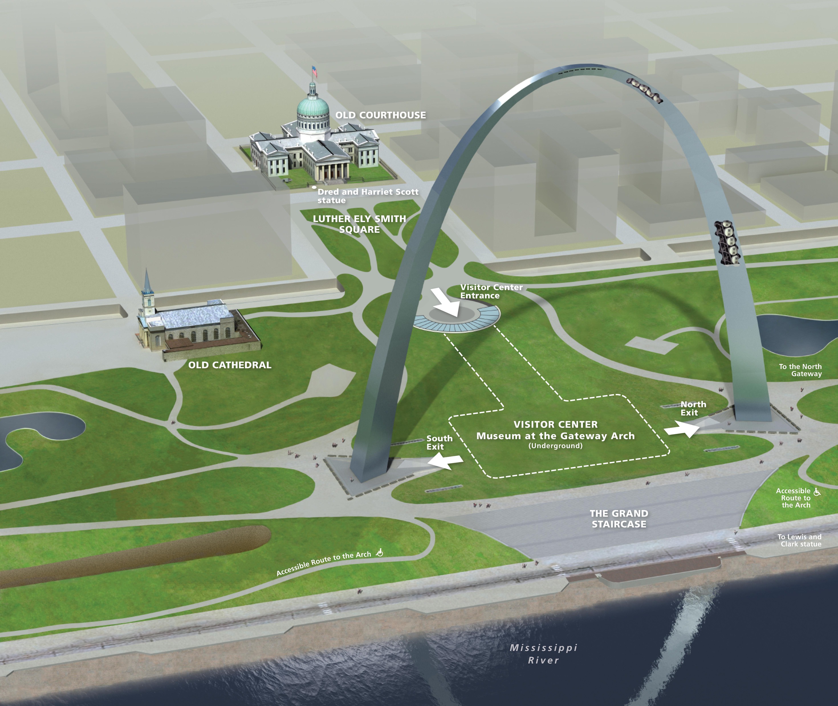 Perspective 3D rendering of Gateway Arch National Park in Missouri. A soaring silver arch spans a visitor center and opens onto Luther Fly Smith Square and Old Courthouse. The deep blue Mississippi River runs across the bottom edge of the map.