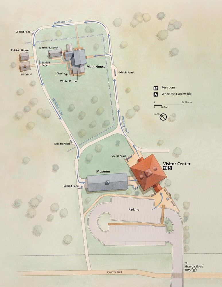 Map of Ulysses S. Grant National Historic Site in Missouri. Rendered in sage green, an aerial view of the plantation stretches up from a parking lot shown in tan through pale greenish brown surroundings, all of which are dotted with vegetation.