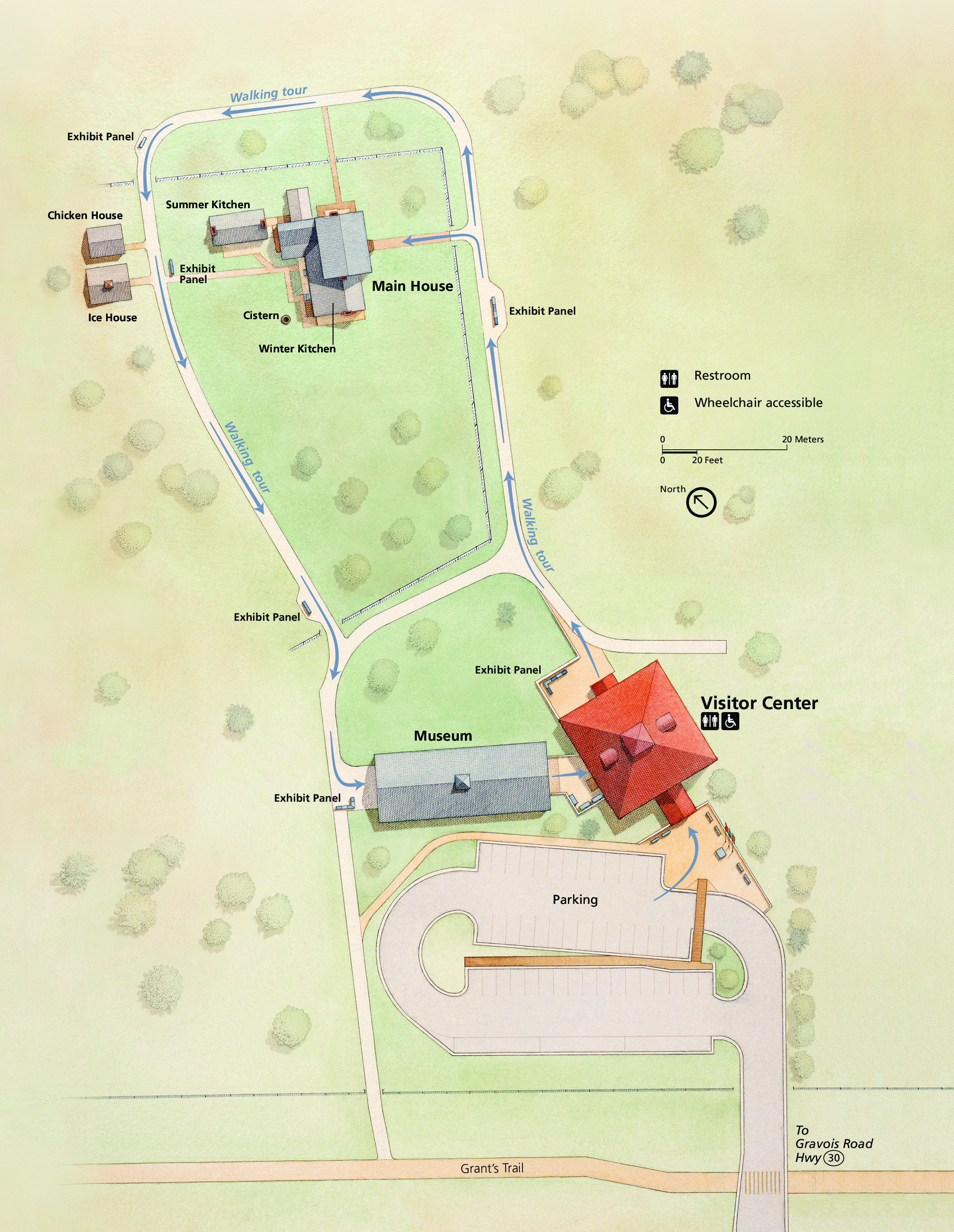 Map of Ulysses S. Grant National Historic Site in Missouri. Rendered in sage green, an aerial view of the plantation stretches up from a parking lot shown in tan through pale greenish brown surroundings, all of which are dotted with vegetation.