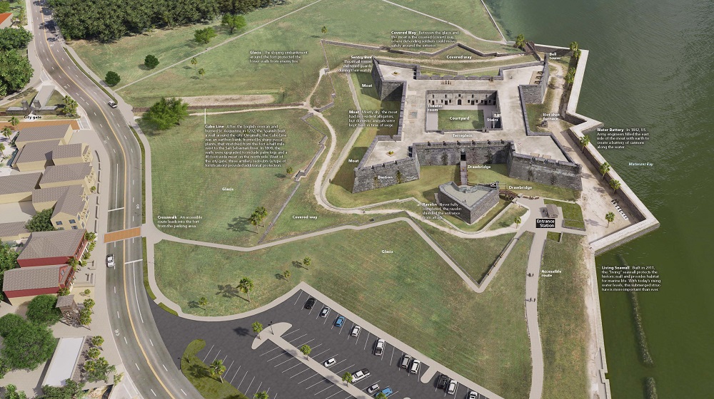 3D site rendering of Castillo de San Marcos National Monument in Florida. The gently rippling, dark green Matanzas Bay runs alongside the fort to the east, and green, grassy fields fill in the rest of the areas around the fort. 