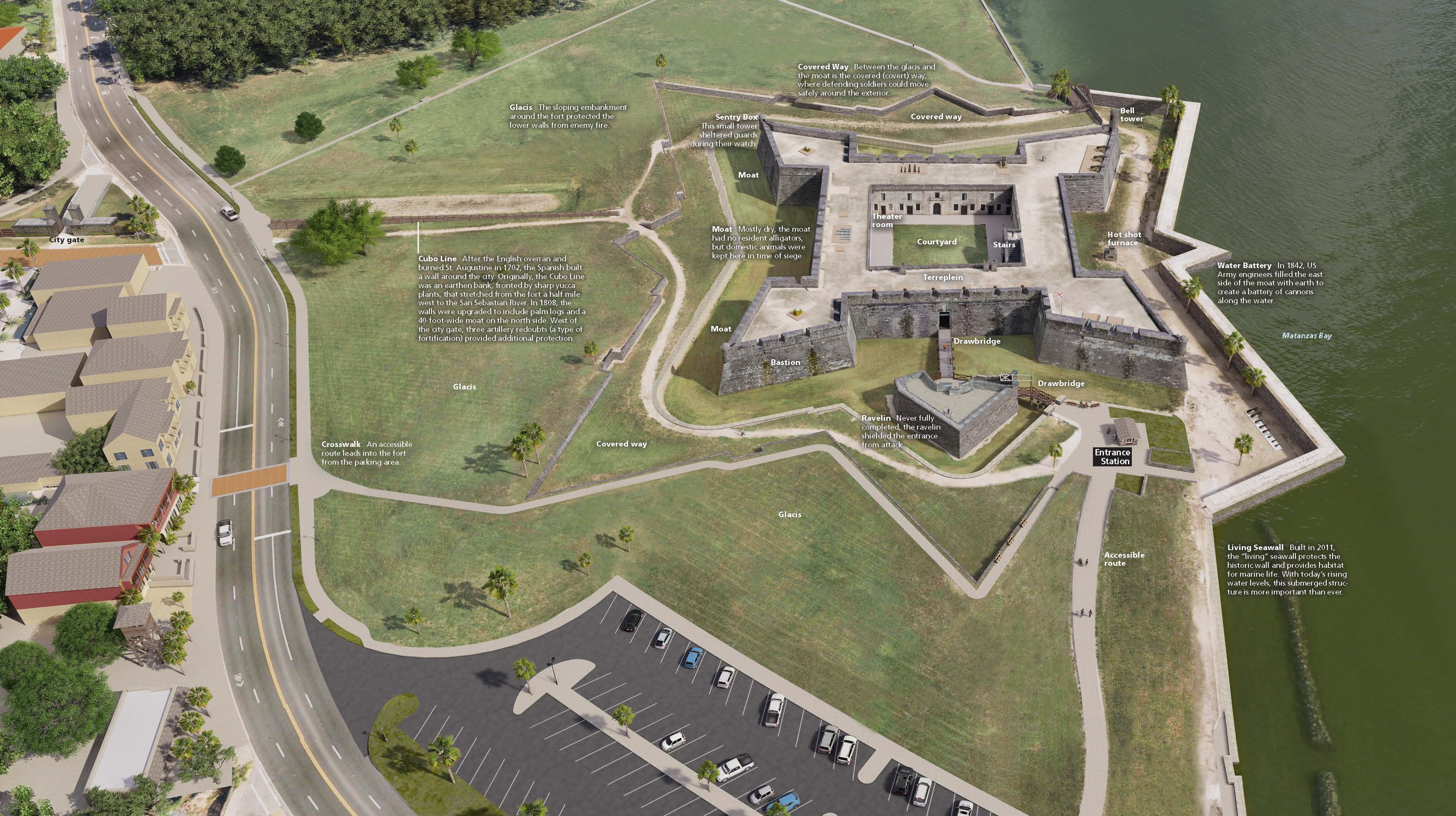 3D site rendering of Castillo de San Marcos National Monument in Florida. The gently rippling, dark green Matanzas Bay runs alongside the fort to the east, and green, grassy fields fill in the rest of the areas around the fort. 