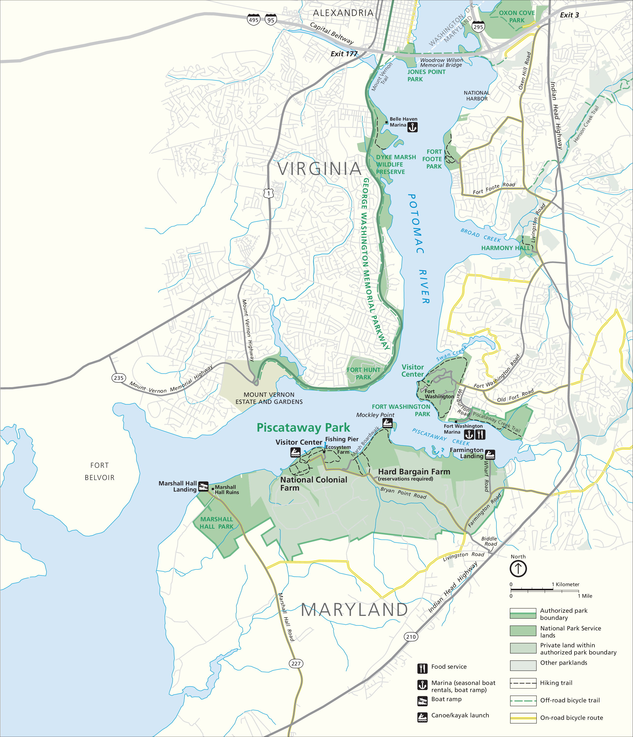 Map of Piscataway Park on the Potomac River in Maryland. Park areas are shown in green, the surrounding areas in eggshell white, the water in blue, and roads in gray.