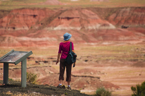 Woman standing at the edge overlooking red striped badlands with a wayside exhibit nearby.