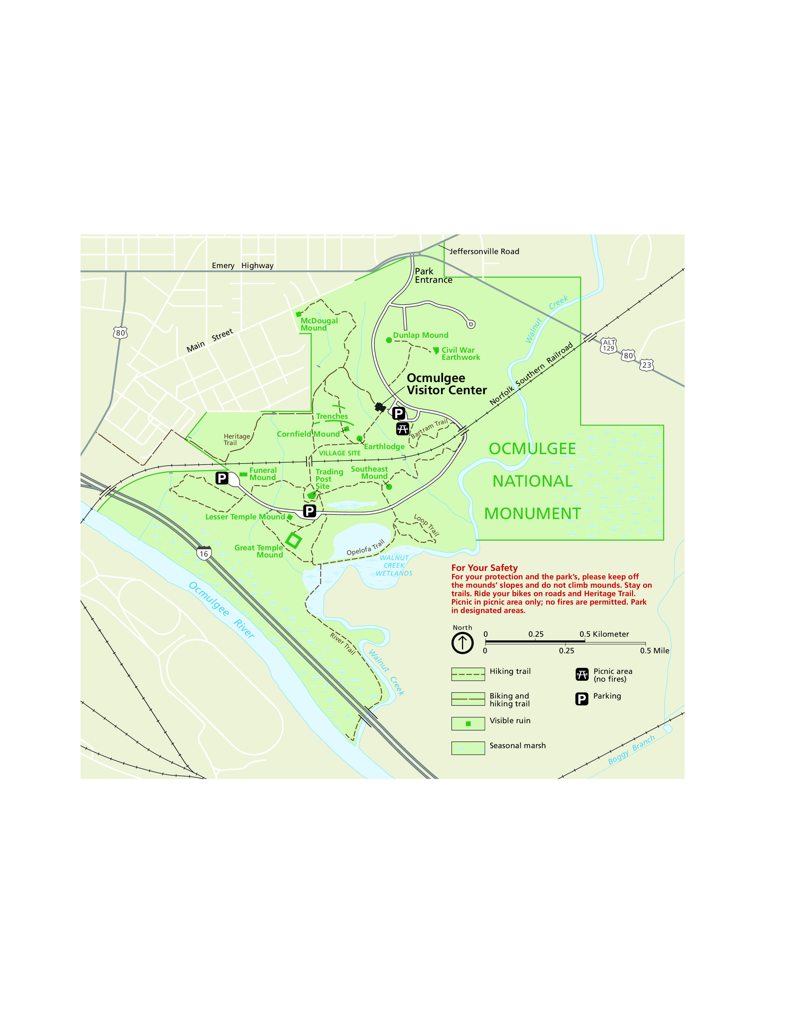 Map of Ocmulgee Mounds National Historical Park in Georgia. Park property is indicated in green and is bordered by Ocmulgee River to the southwest.