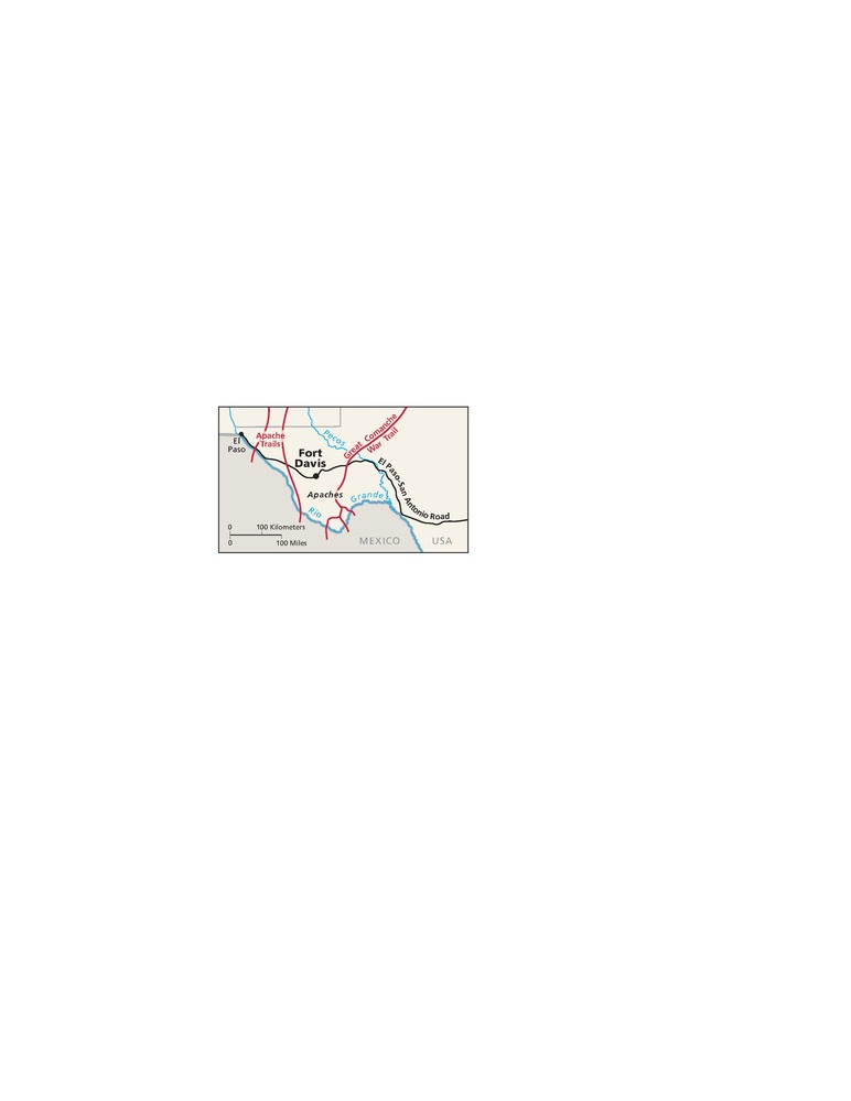 Indian Wars map for Fort Davis National Historic Site in Texas. The Rio Grande winds along the border between the United States, shown in beige, and Mexico in pale gray. Trails are shown as red lines and a road in black.