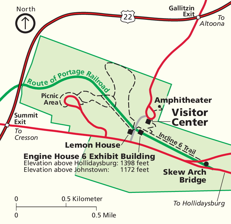 Map of Allegheny Portage Railroad National Historic Site in Pennsylvania. The long, narrow site stretches from the upper left corner of the map to the lower right corner through the Allegheny Mountains and is highlighted in green. The terrain around it is shaded in tan.