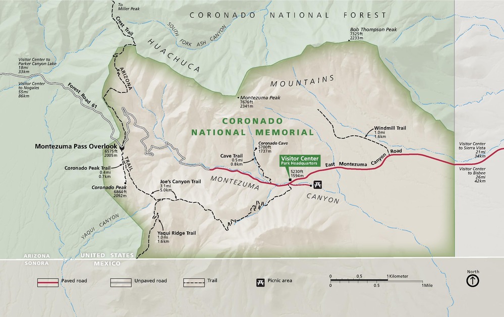 Map of Coronado National Memorial in Arizona. Surrounded by Coronado National Forest in pale green, the memorial is shown as a tan-colored region at the center of the map along the border with Mexico.