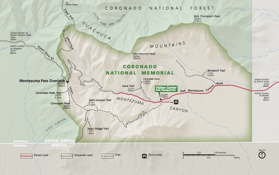 Map of Coronado National Memorial in Arizona. Surrounded by Coronado National Forest in pale green, the memorial is shown as a tan-colored region at the center of the map along the border with Mexico.