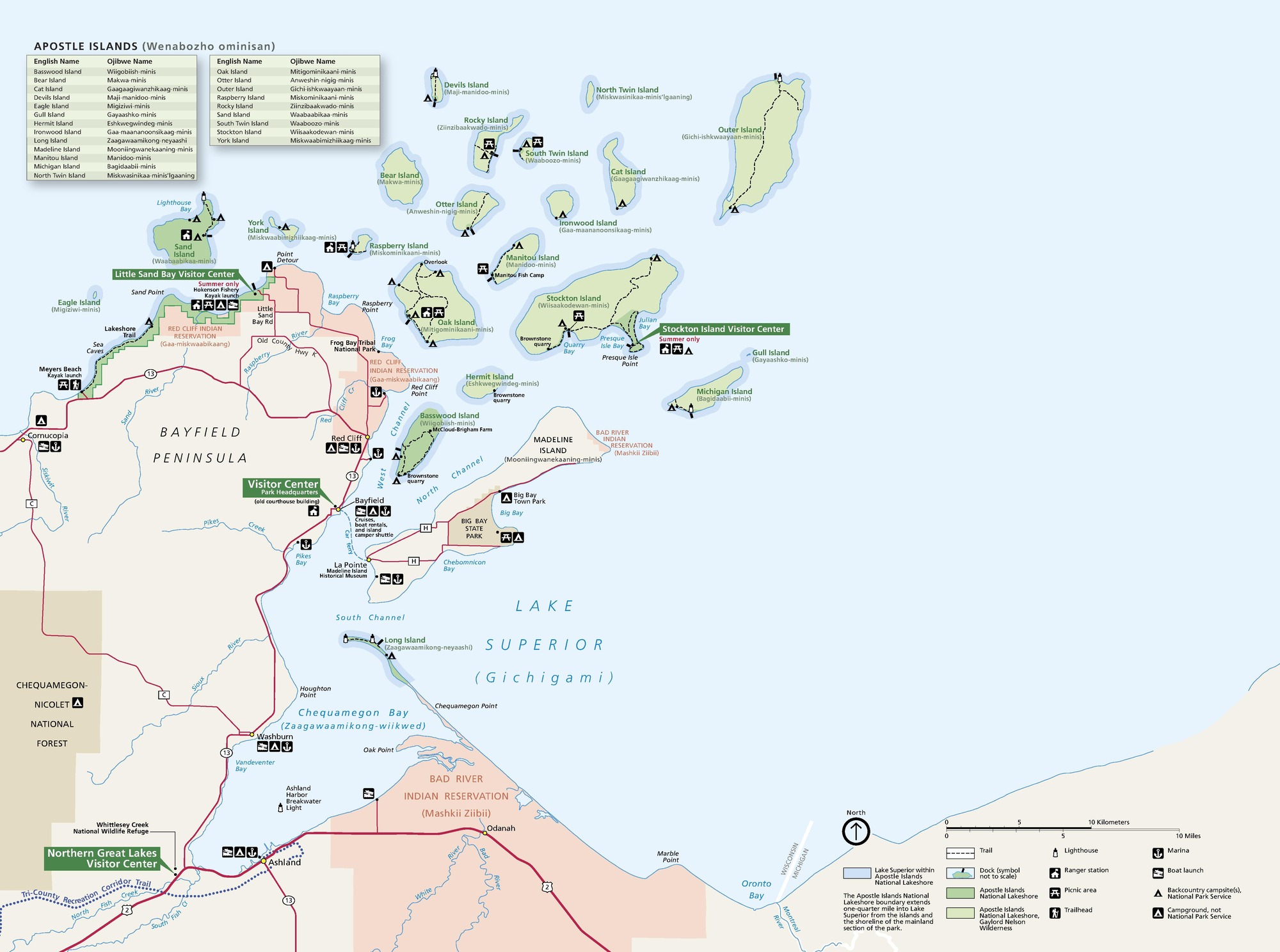Map of Apostle Islands National Lakeshore in Wisconsin. Shown in beige, the Bayfield Peninsula juts up from the southwest corner of the map with the Apostle Islands in shades of green scattered around it in the northwest quadrant.