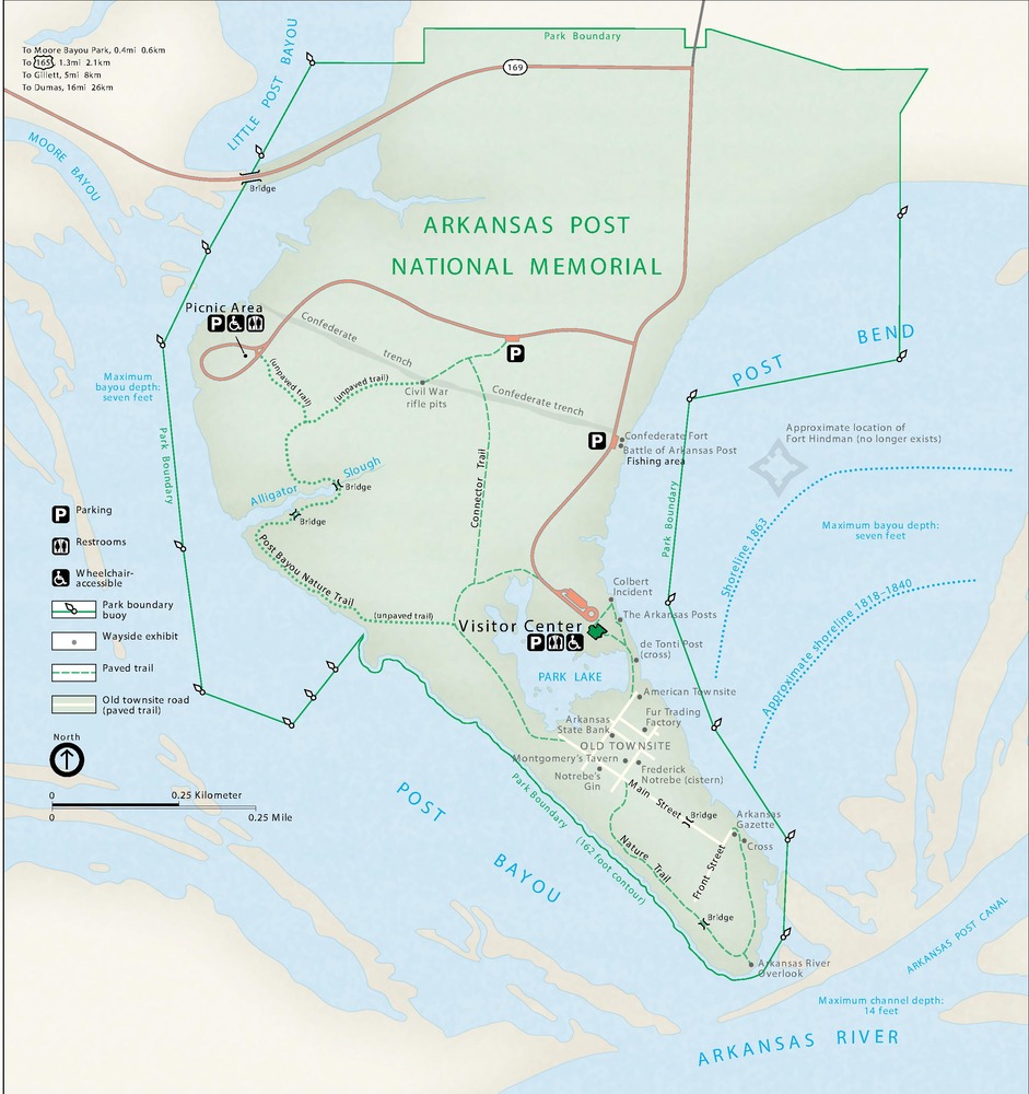 Map of Arkansas Post National Memorial in Arkansas/The Robert E. Lee Memorial. A peninsula is shaded green and a darker green line along the surrounding waterways represents the Park Boundary. Surrounding areas are shown in beige and water in blue.