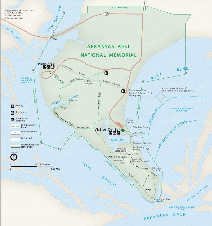 Map of Arkansas Post National Memorial in Arkansas/The Robert E. Lee Memorial. A peninsula is shaded green and a darker green line along the surrounding waterways represents the Park Boundary. Surrounding areas are shown in beige and water in blue.