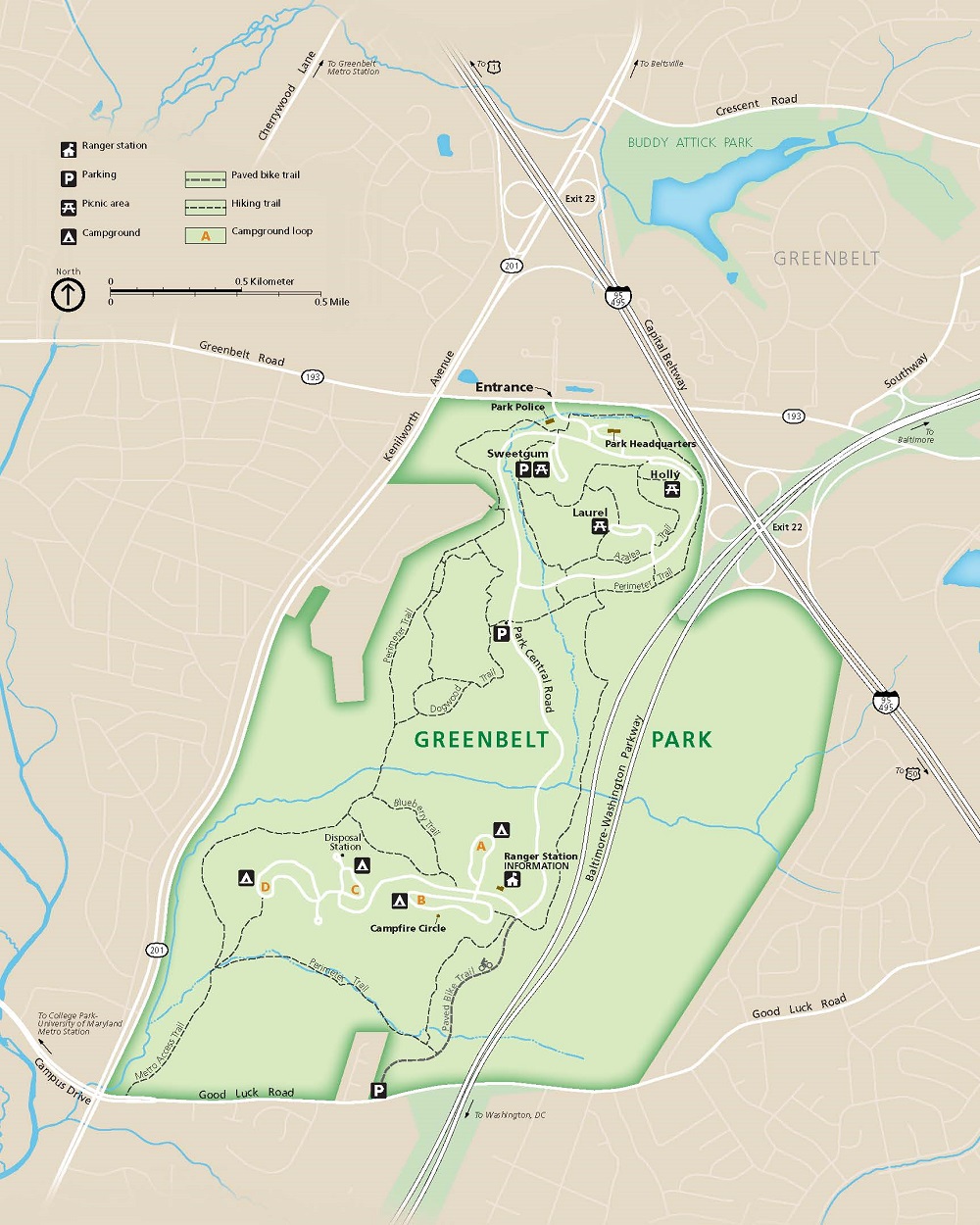 Map of Greenbelt Park in Maryland. The park area is shown in green, surrounding areas in tan and roads in gray or white.