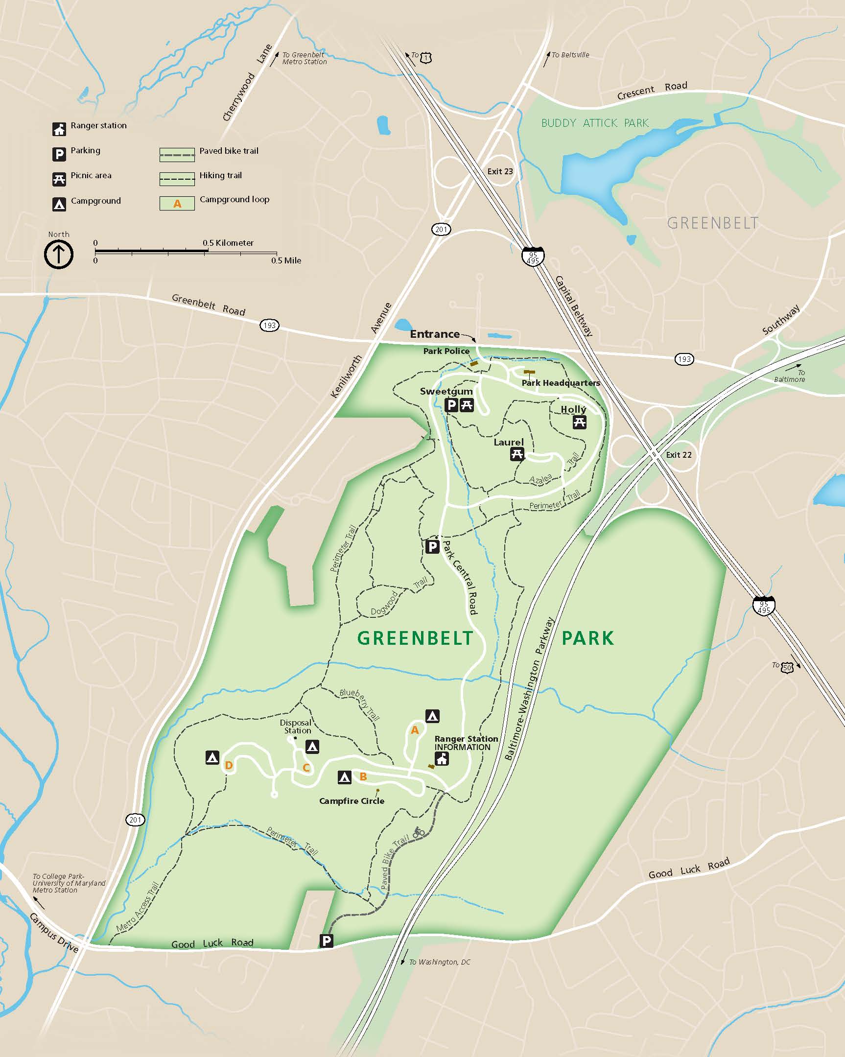 Map of Greenbelt Park in Maryland. The park area is shown in green, surrounding areas in tan and roads in gray or white.