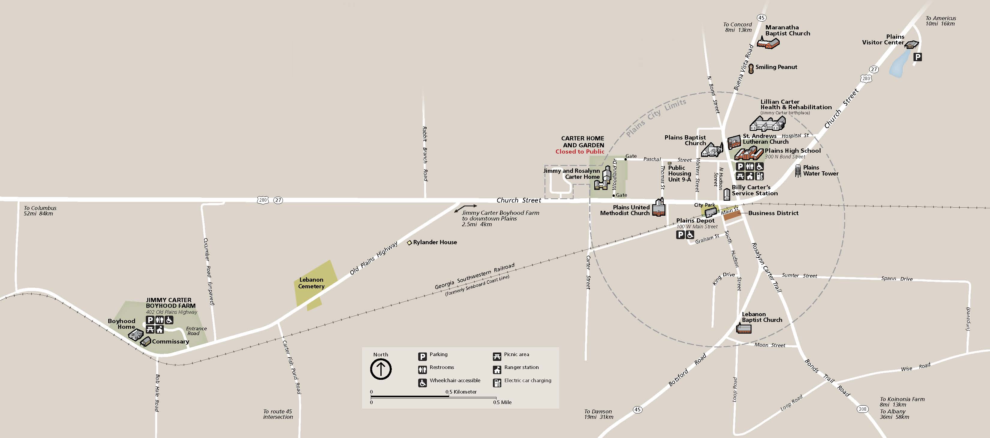 Map of Jimmy Carter National Historical Park in Georgia. The tan-colored map has white streets and three-dimensional depictions of buildings and sites, capturing the entire town of Plains and the Jimmy Carter Boyhood Farm outside the city limits.